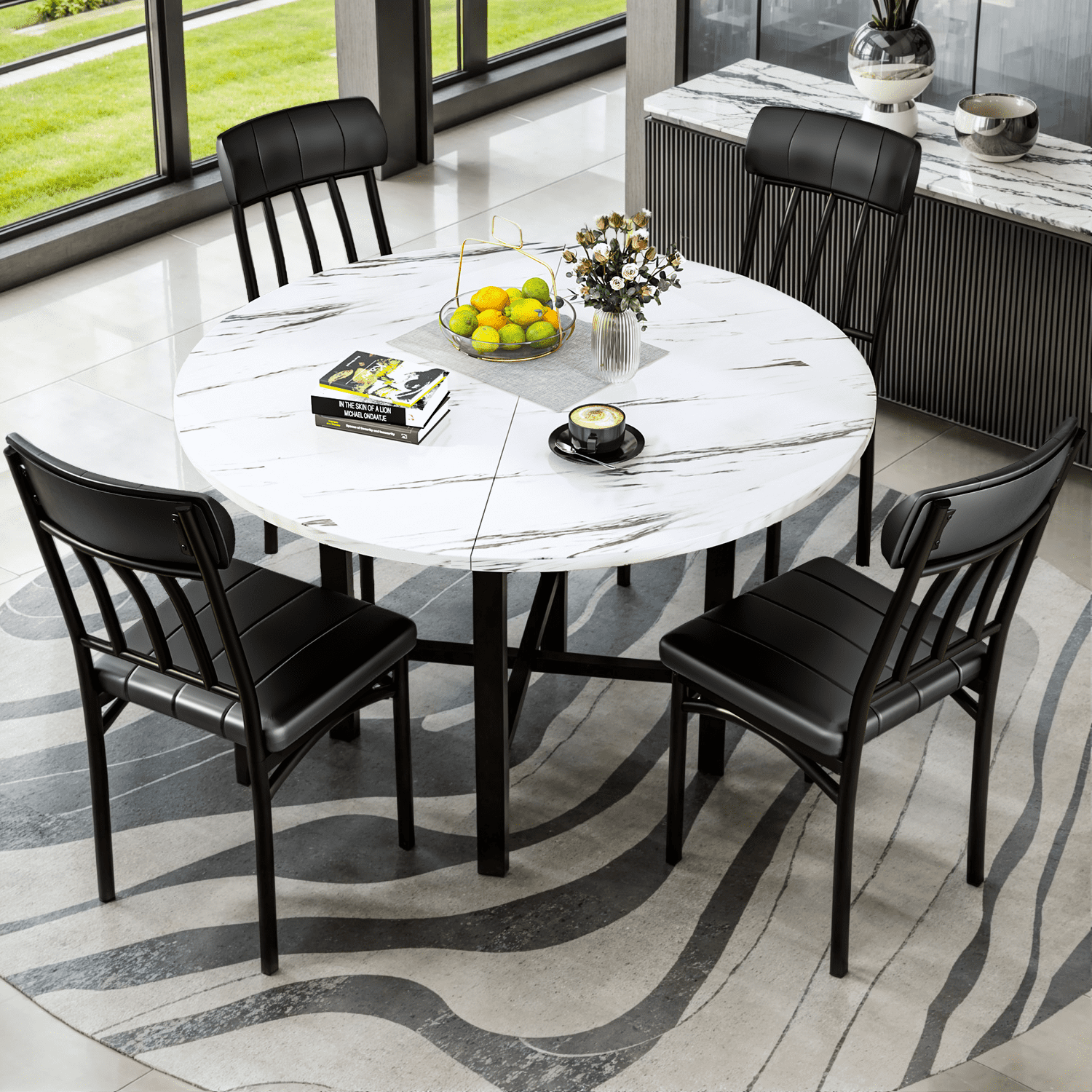 Lamerge Round Dining Table Set for 4,Wood Round Kitchen Table and Chairs Set for 4,Modern Dining Room Table Set with 4 Faux Leather Chairs,Round Dinner Table for Small Space,Brown
