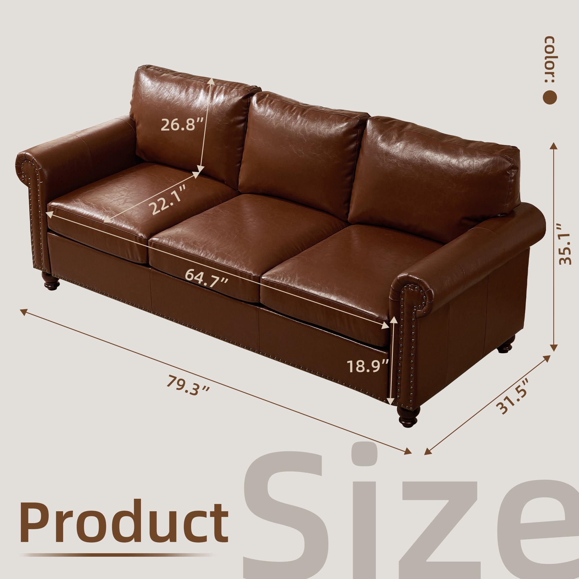 Me'on 80'' Faux Leather Sofa with Storage Seats, Classic 3-Seater Couch with Nailhead Trim, Easy Assembly, Dark Brown
