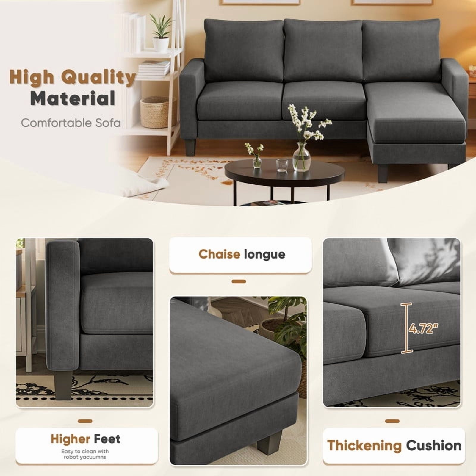 Homall Convertible Sectional Sofa Couch, Modern Linen Fabric L-Shaped Couch 3-Seat Sofa Sectional with Reversible Chaise for Small Living Room, Apartment and Small Space, Light Gray