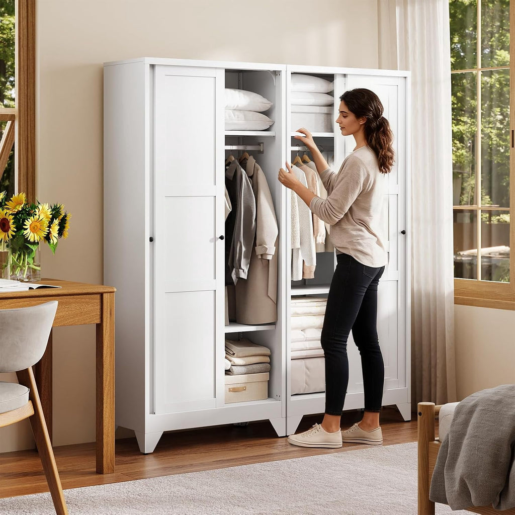 Wardrobe Closet,20 Deep Armoire Wardrobe Cabinets with Sliding Doors and Shelves,Narrow Slim Coat Closet Cabinet with Hanging Rod for Home (White)