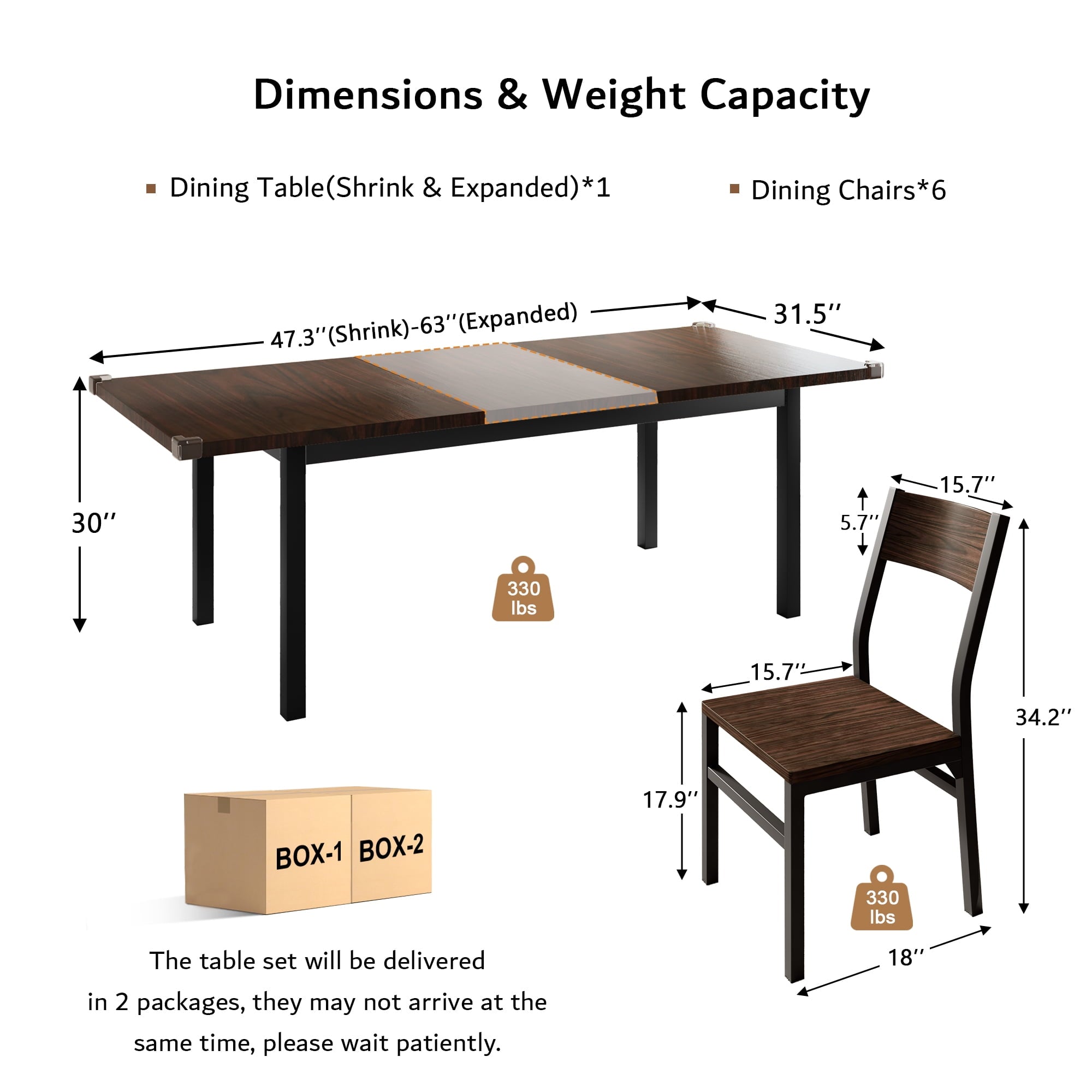 Virans 7-Piece Dining Table & Chairs Set for 4-6, 63 Extendable Kitchen Table with 6 Chairs, Dining Room Table with Metal Frame & MDF Board, Perfect for Small Space, Easy Assembly,Espresso