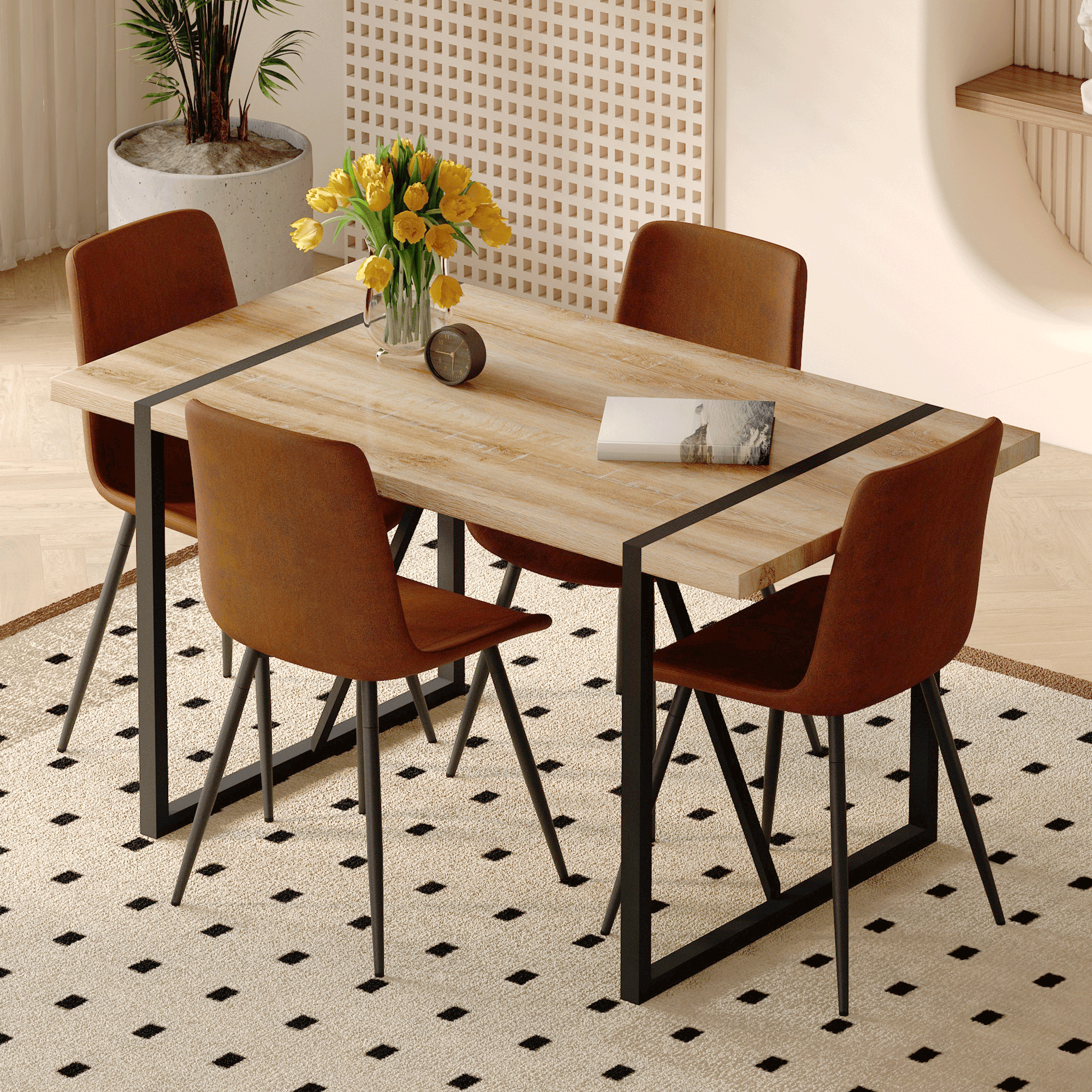 JUFU 55 Dining Table Set for 4, Modern Table and Chairs Set of 4, 5 Piece Dining Table Set Include Wooden Kitchen Table and 4 Faux Leather Chairs Ideal for Kitchen Dining Room Easy to Assemble