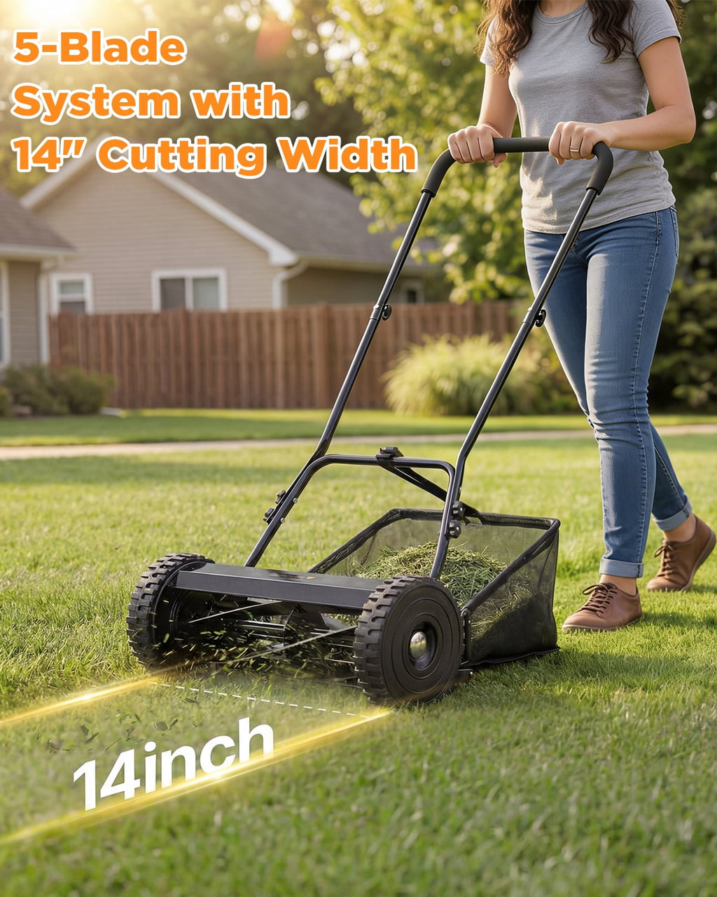 JFHID 14-Inch Manual Push Reel Lawn Mower,5-Blade Design