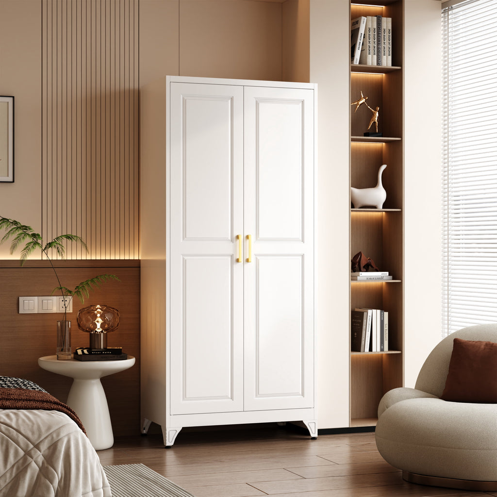 Polup 71 H Modern Metal Sturdy Armoire Cabinet with Shelves and Hanging Rod, Adult Bedroom Wardrobe Closet with Doors
