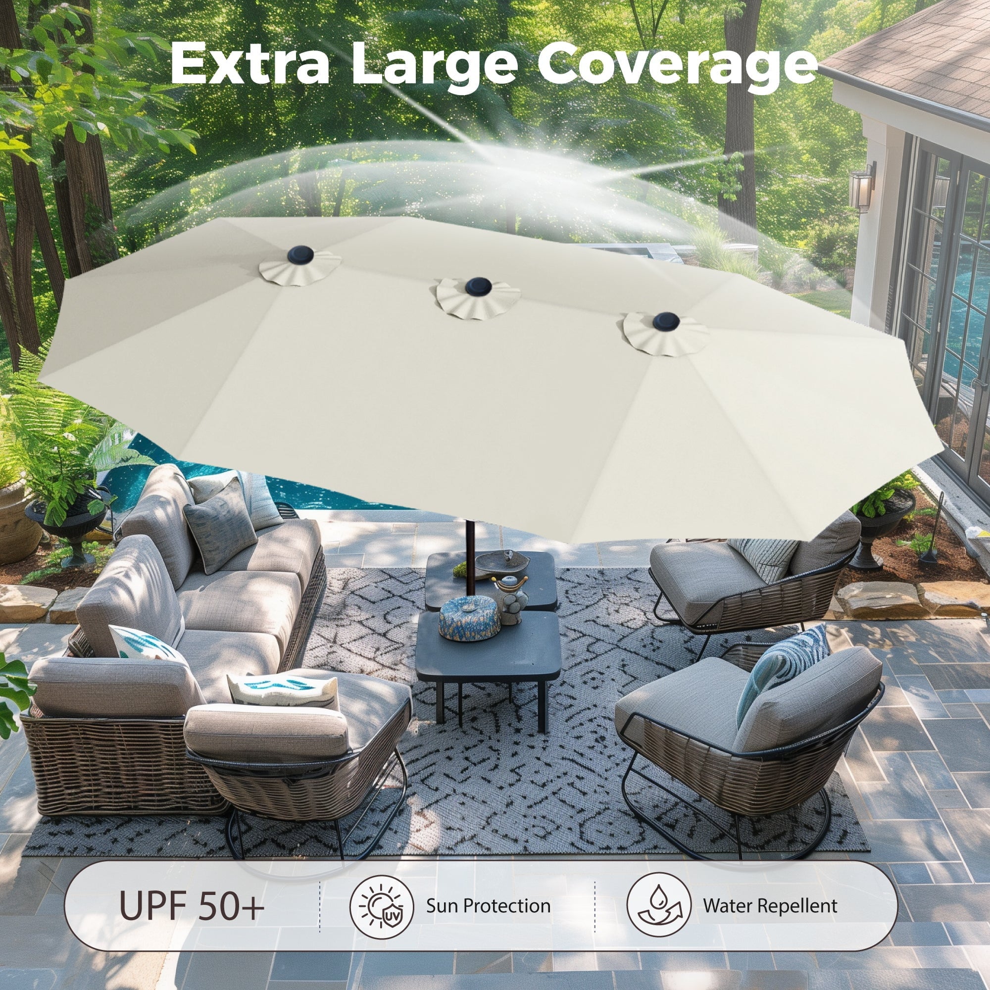 Alpha Joy 15ft Outdoor Patio Umbrella Extra-Large Double-Sided Garden Umbrella with Crank Handle and Base - Smoky Gray