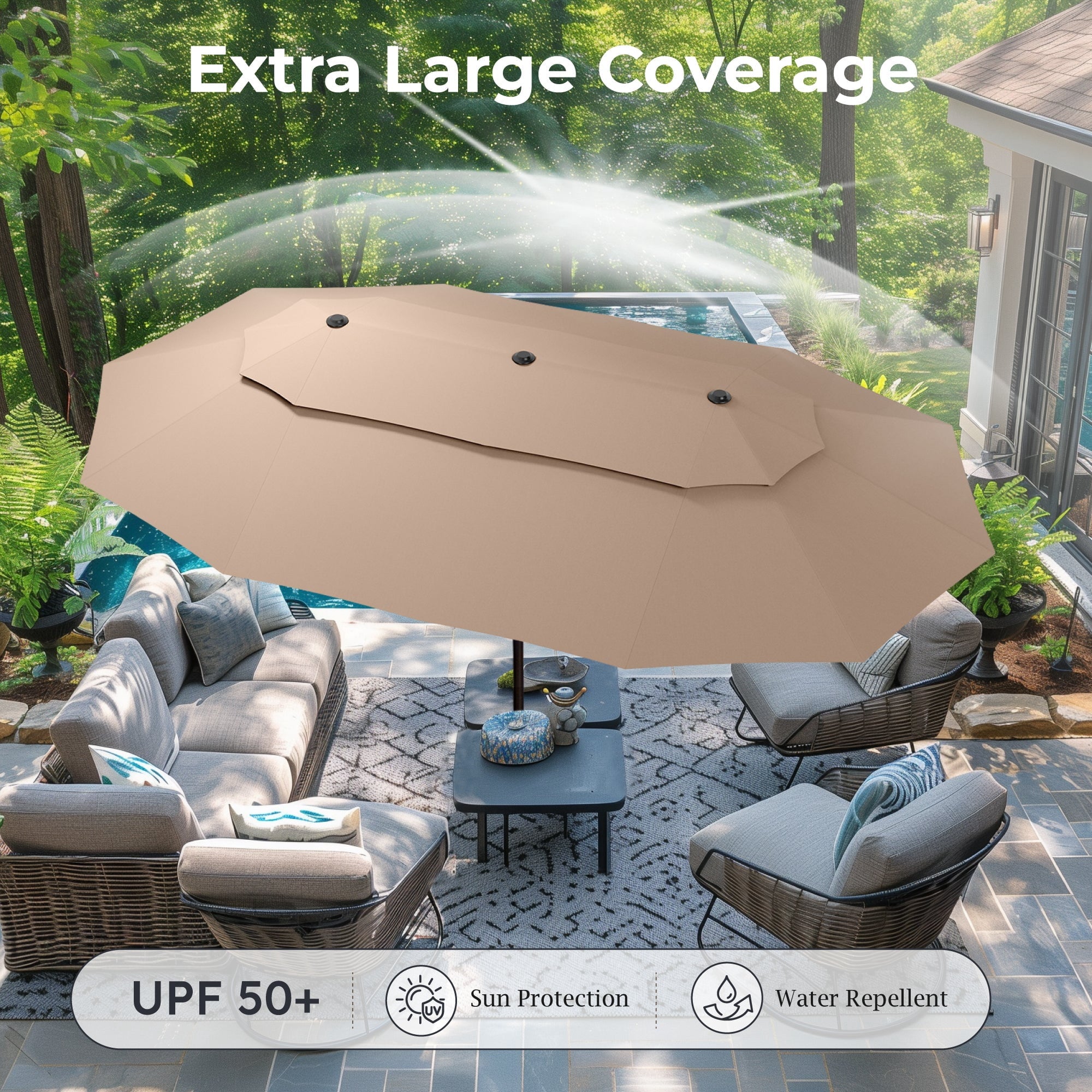 Alpha Joy 15ft Dual-Layer Outdoor Patio Umbrella Extra-Large Double-Sided Garden Umbrella with Ventilation and Base - Beige