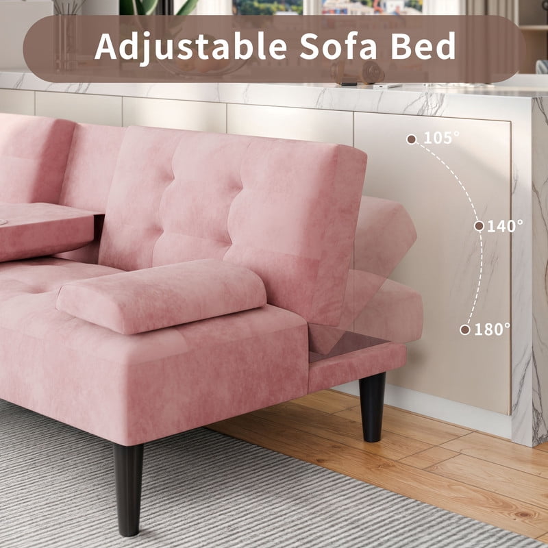 Walsunny Convertible Futon Sofa Bed, Foldable Futon Sleeper Sofa Bed with 2 Cup Holders, Folding Loveseat Recliner with 3-Angle Adjustment Modern Couch for Living Room, Small Space, Pink