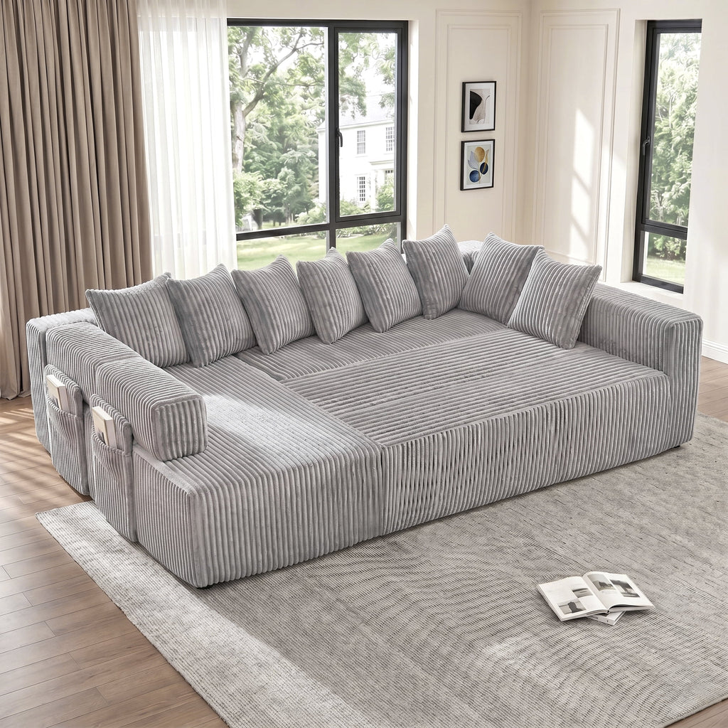 SOULART 138.5 U Shaped Sectional Couch,Gray Cloud Boneless Sofa For Living Room,Plush Corduroy Couches With Deep Seat Chaise Lounge,No Assembly Required