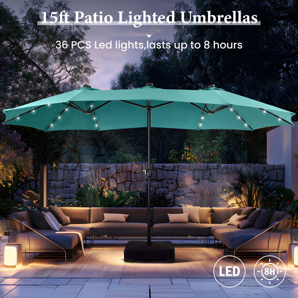 SUMMIT LIVING 15ft Double-Sided Solar Patio Umbrella with Base (Included) Large Outdoor Umbrella with Solar Lights - Beige