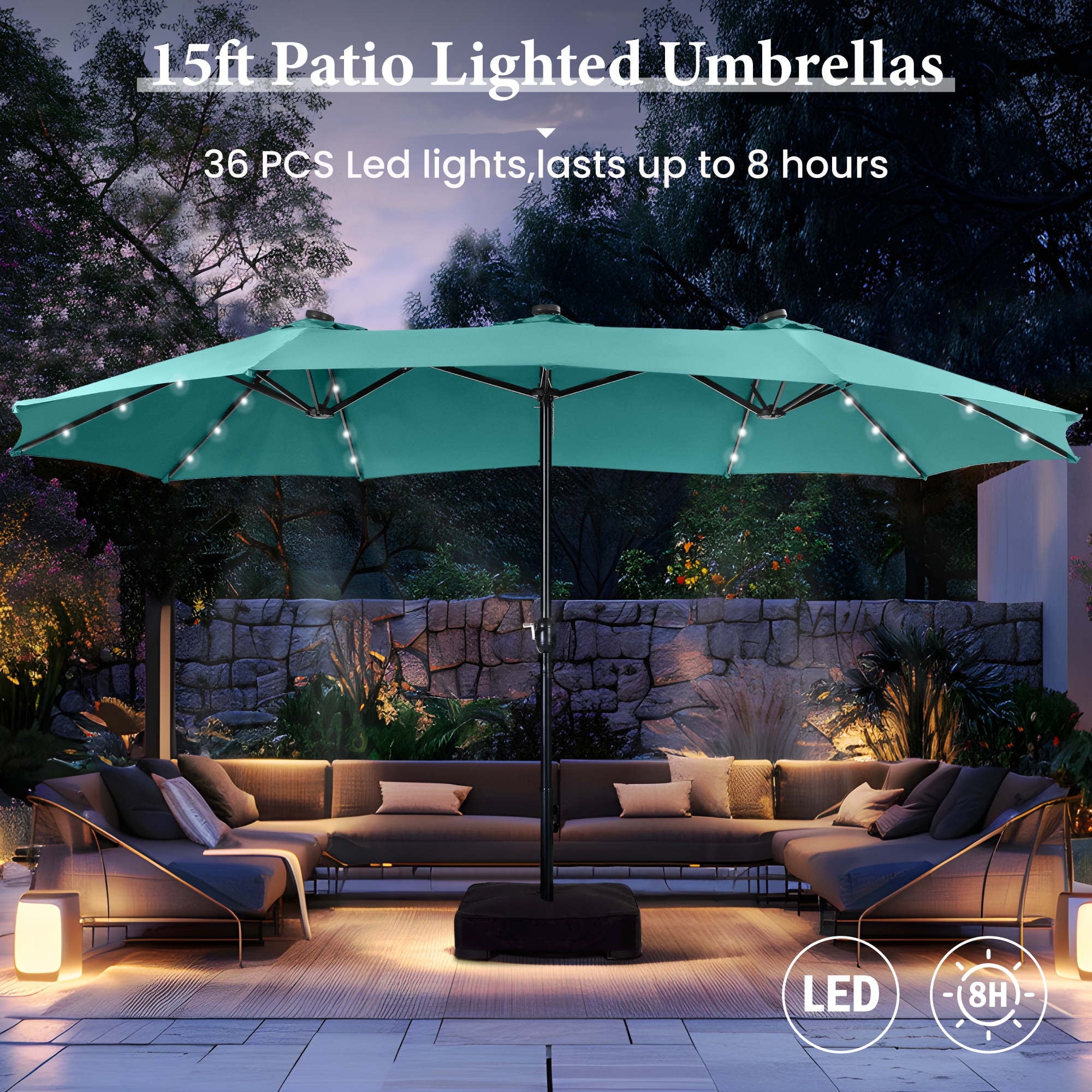 SUMMIT LIVING 15 FT Double-Sided Solar Patio Umbrella with Base Large Outdoor Umbrella with LED Solar Lights - Haze Blue