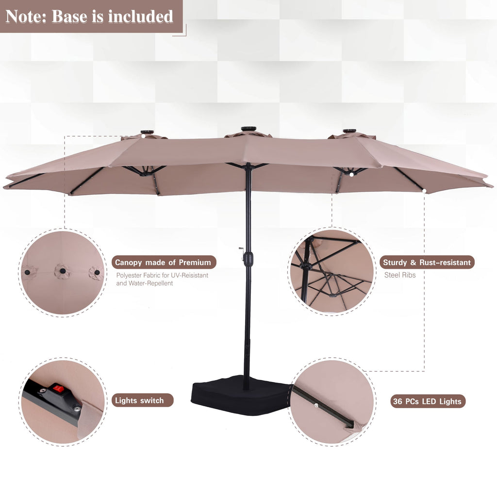 Alpha Joy 15ft Extra Large Outdoor Patio Double-Sided Umbrella with LED Solar Lights & Umbrella Base, Beige