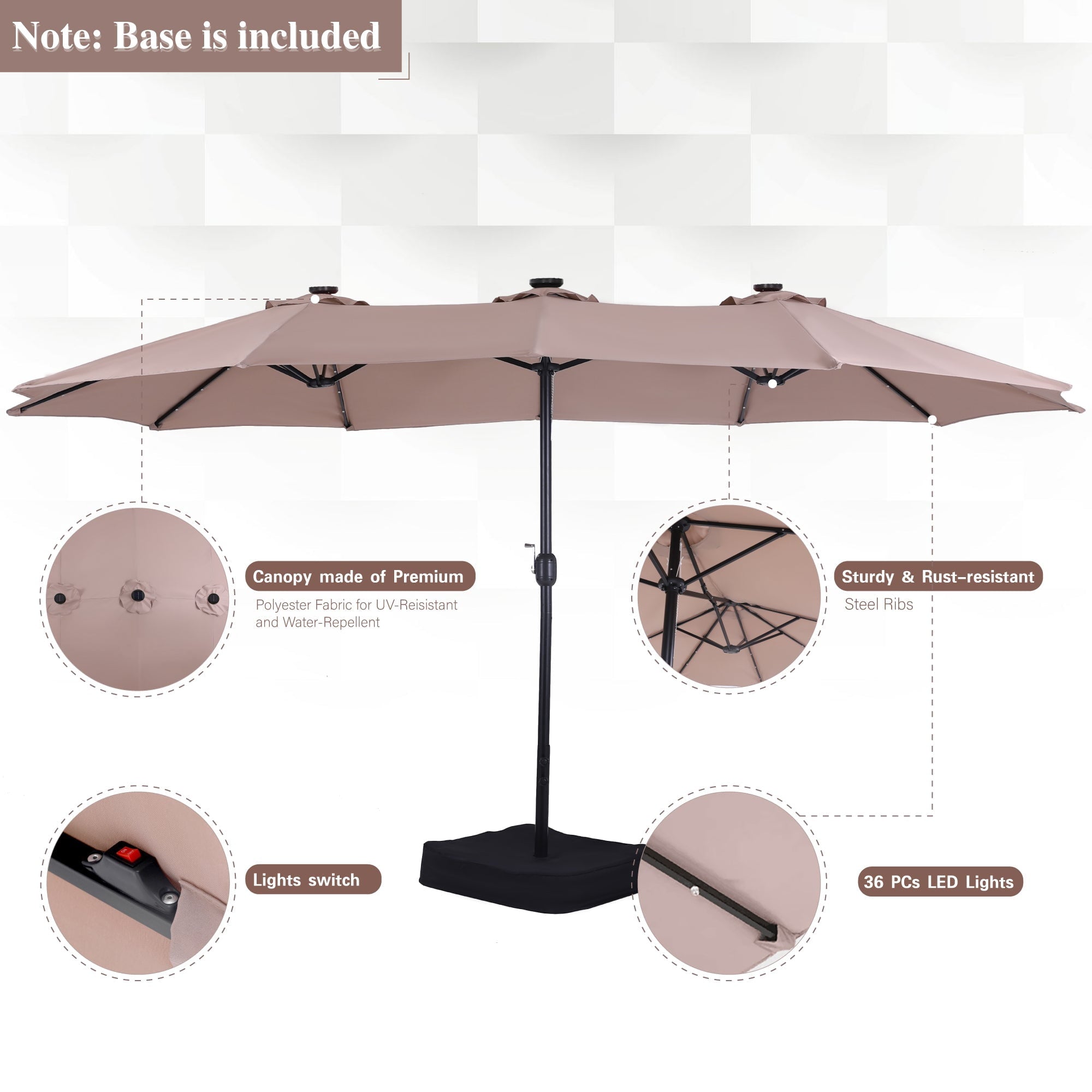 Alpha Joy 15ft Extra Large Outdoor Patio Double-Sided Umbrella with LED Solar Lights & Umbrella Base, Beige