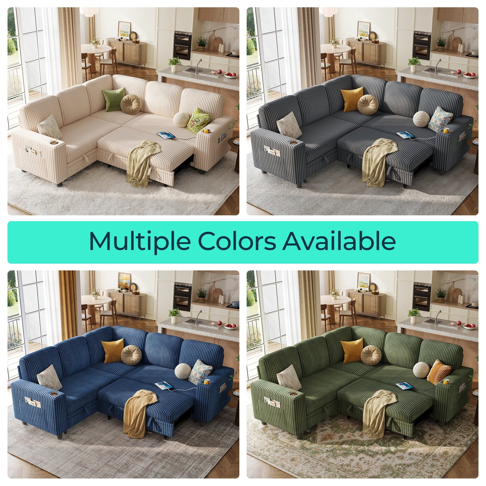 LINSY HOME L Shaped Sectional Couches for Living Room, Sleeper Sofa Bed with Reversible Storage Chaise, Pull Out Couch Bed with USB, Cup Holder, Black
