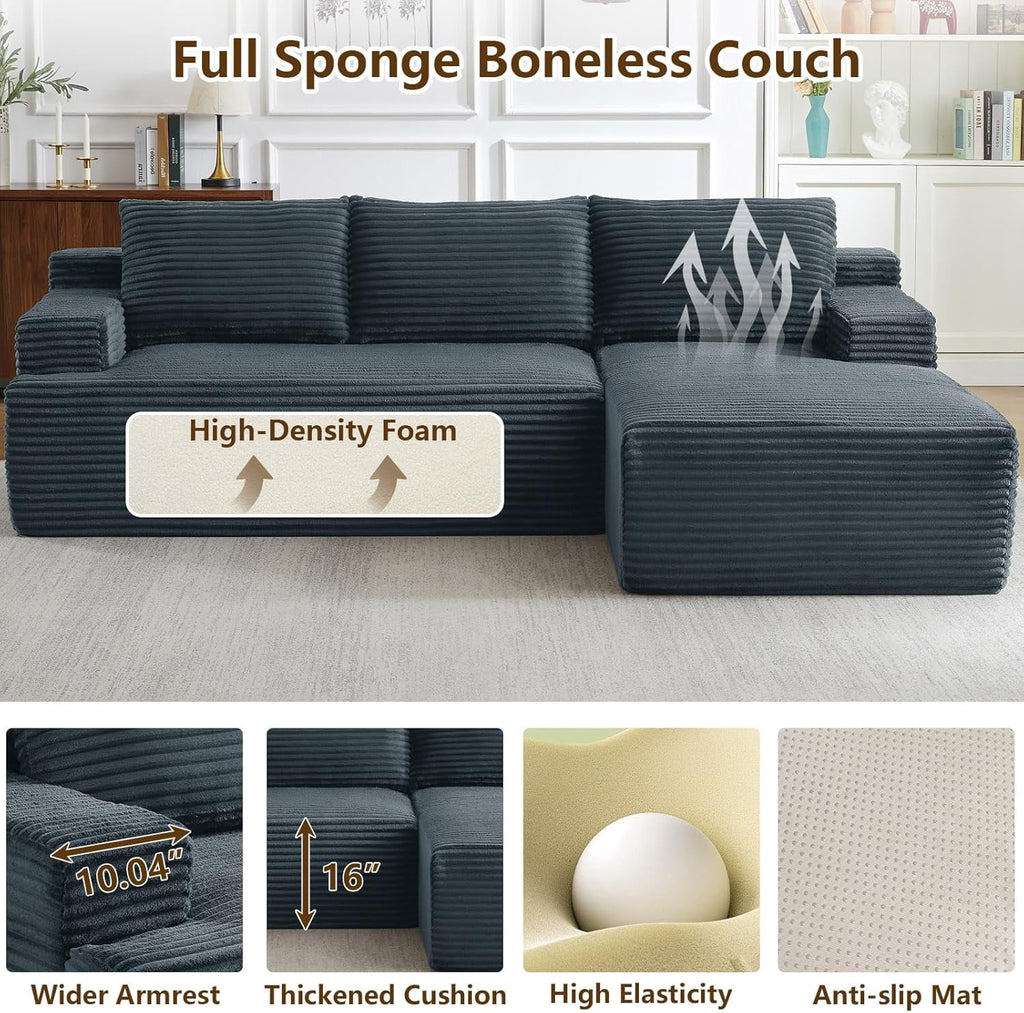 96 Boneless Cloud Couch with Chaise, Modular Sectional Sofa for Living Room, No Assembly Required, Deep Seat Corduroy Couch, Green
