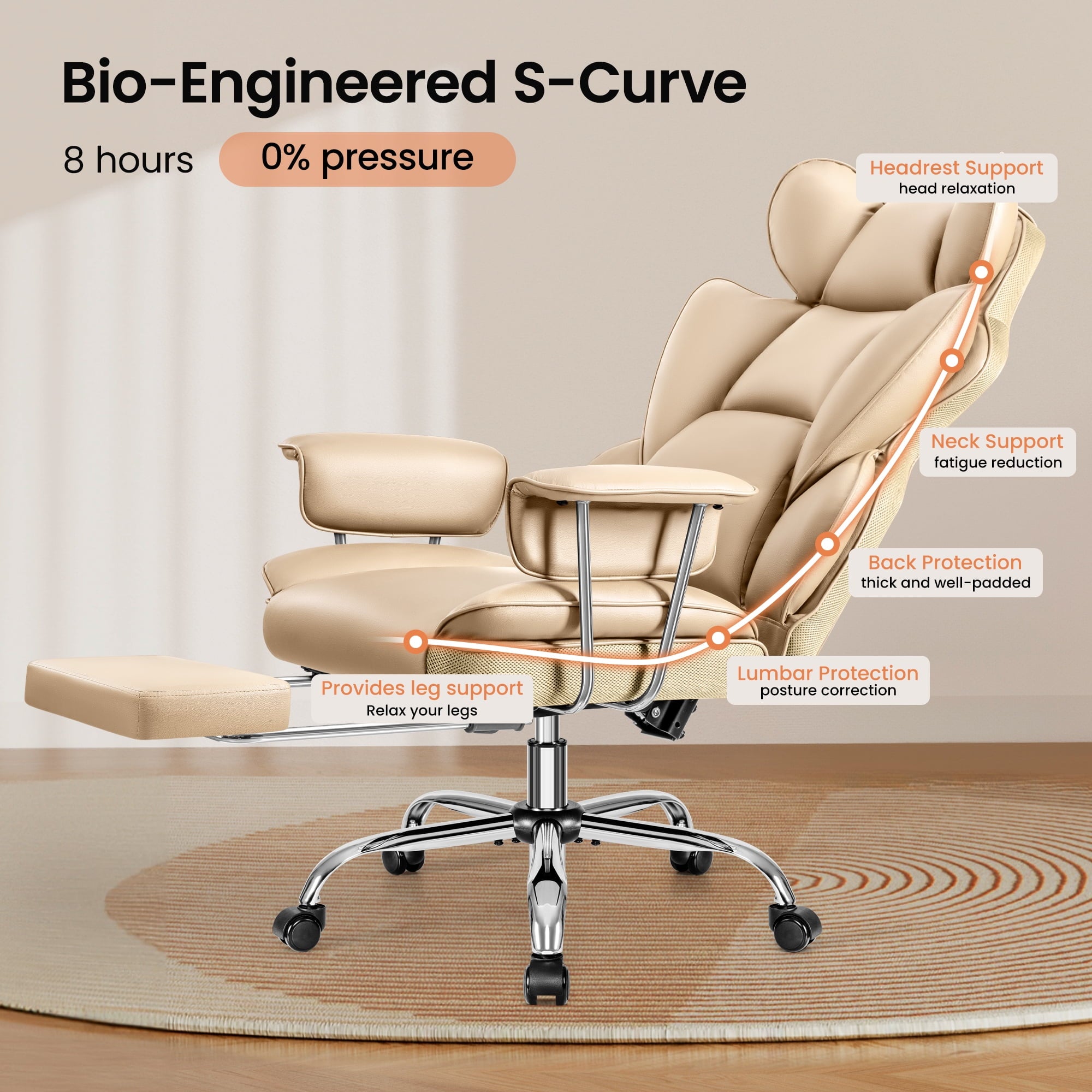 Primy High Back Office Chair, Big and Tall PU Leather Executive Chair with Footrest – Ergonomic Reclining Computer Desk Chair, High-Density Foam, Heavy Duty Swivel Rolling Chair, Black