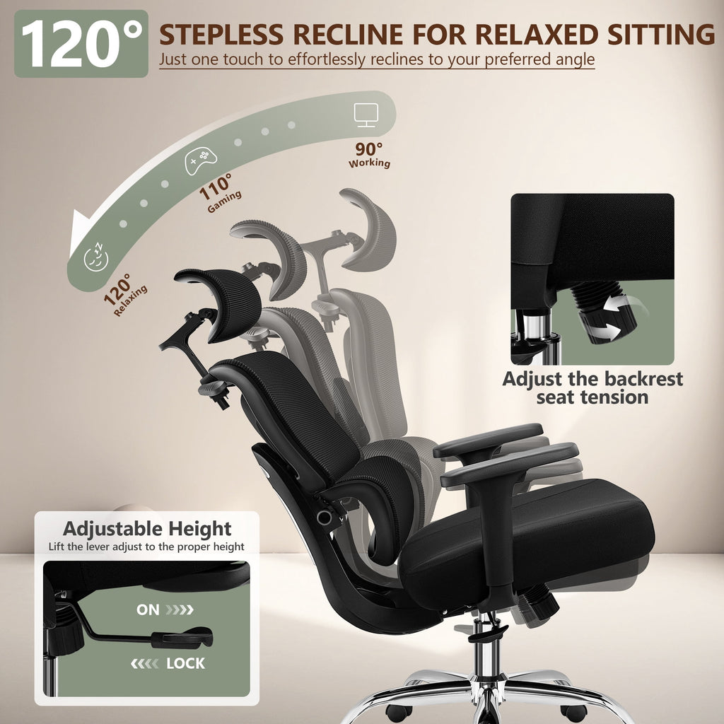 COOLHUT Ergonomic Mesh Office Chair with Footrest, Big and Tall Computer Desk Chair with Adjustable Lumbar Support, Headrest and Armrest, High Back Home Office Chair for Workspace, 300LBS, Black