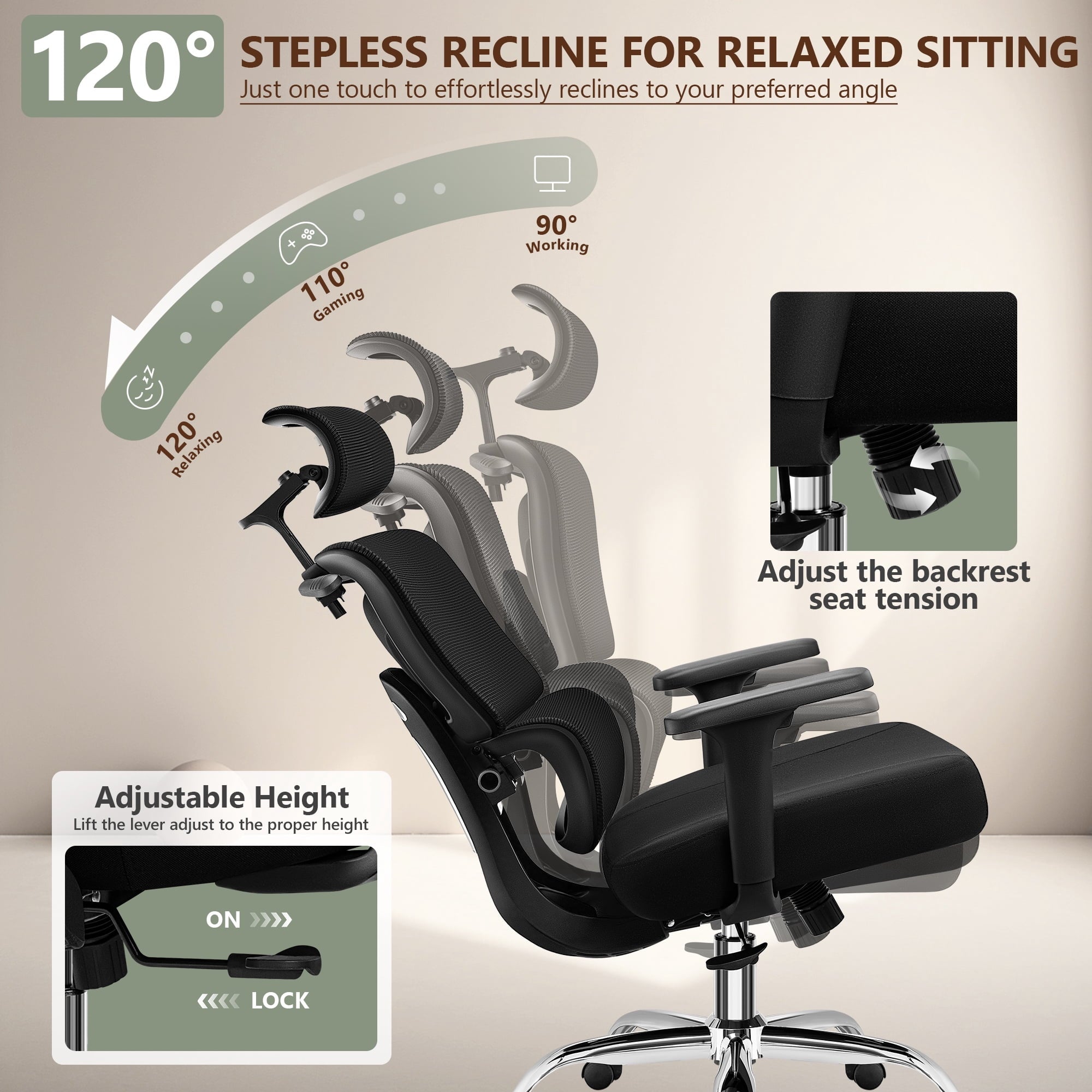 COOLHUT Ergonomic Mesh Office Chair with Footrest, Big and Tall Computer Desk Chair with Adjustable Lumbar Support, Headrest and Armrest, High Back Home Office Chair for Workspace, 300LBS, Black