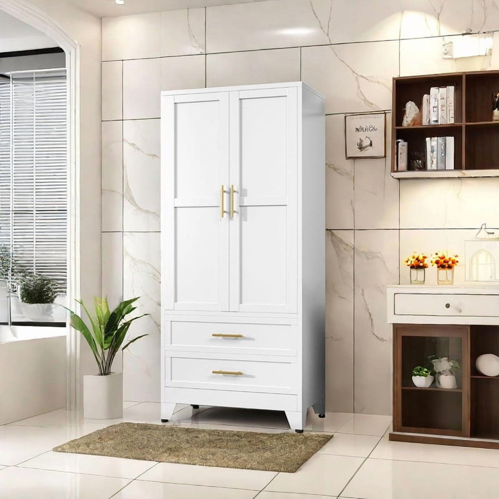 EROSOEI Metal Freestanding Armoire Wardrobe Clost With Hanging Rod and Drawers