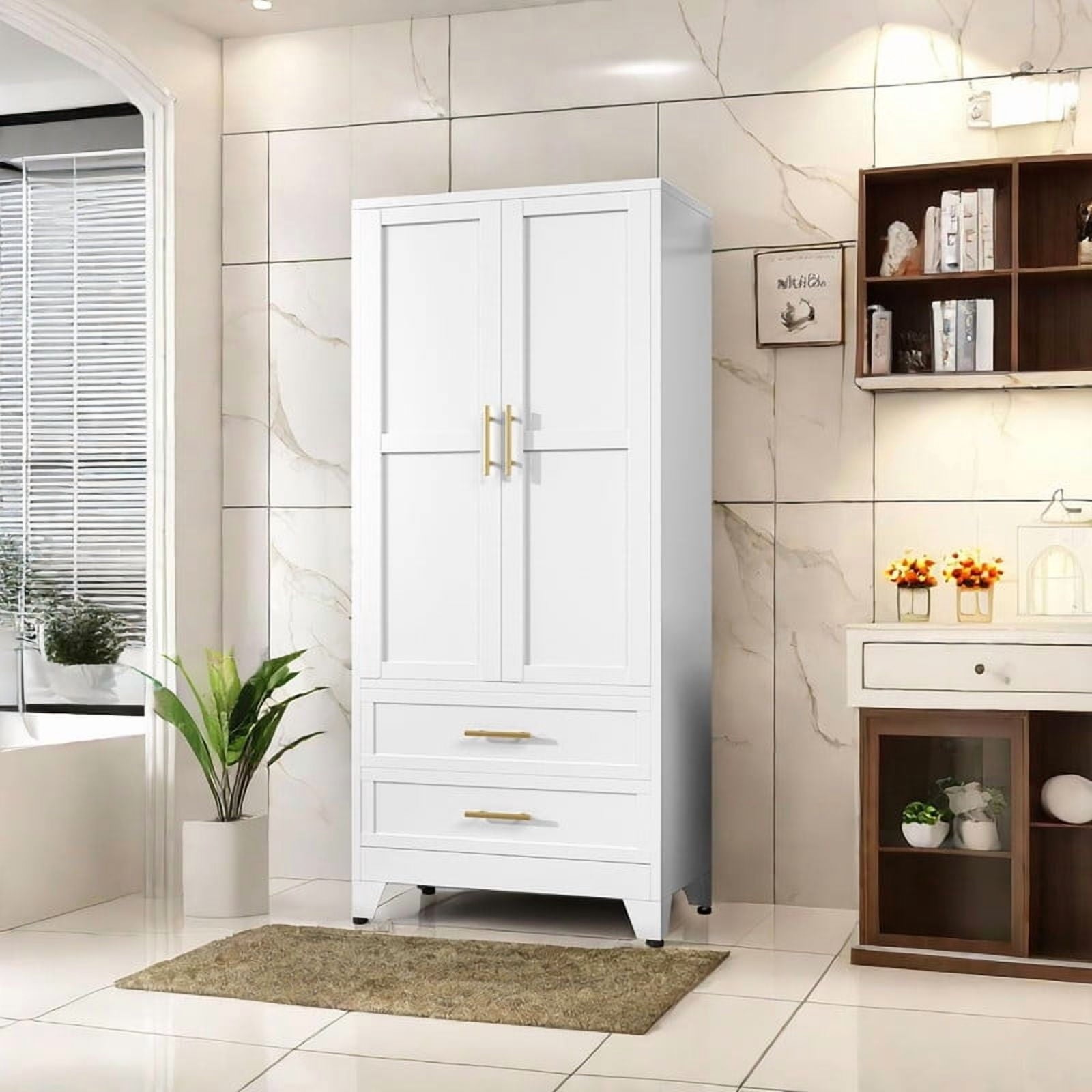 EROSOEI Metal Freestanding Armoire Wardrobe Clost With Hanging Rod and Drawers
