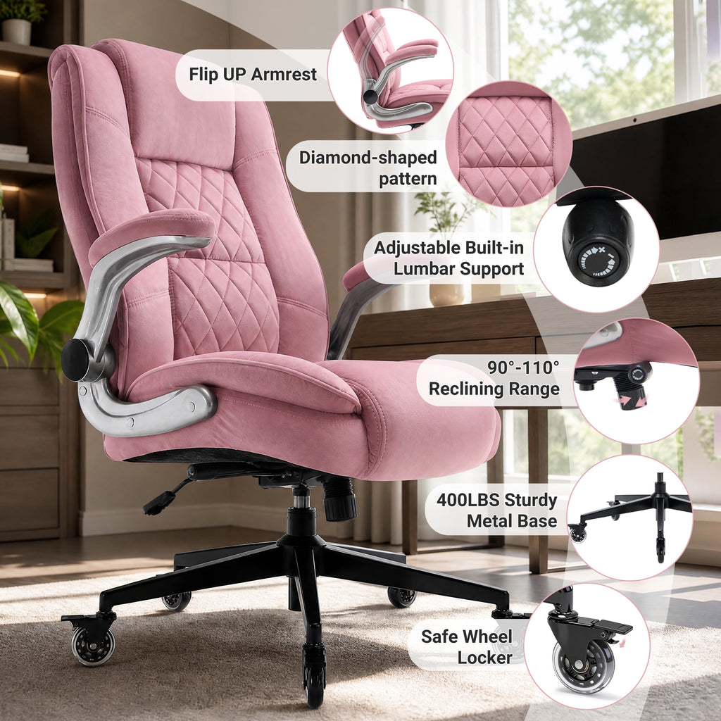 Ergonomic Home Office Chair with Locking Wheels, High-back Desk Chair with Thick Padded Flip-up Armrest, Comfy Executive Chair with Adjustable Lumbar Support for Home & Office & Work