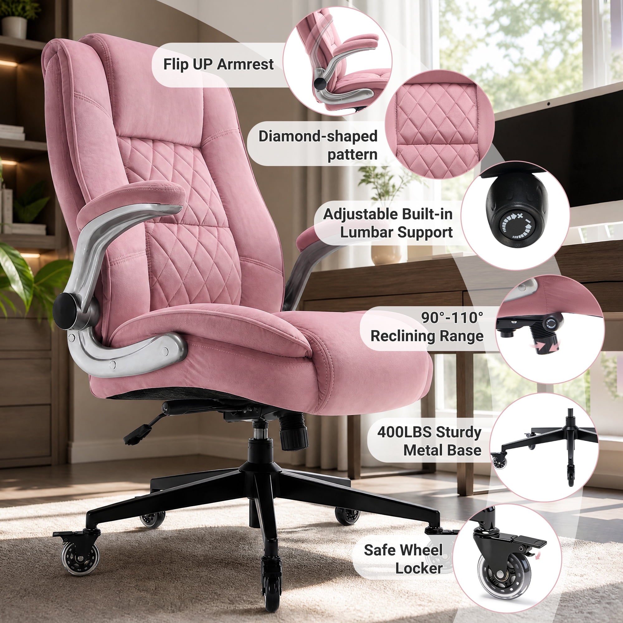 Ergonomic Home Office Chair with Locking Wheels, High-back Desk Chair with Thick Padded Flip-up Armrest, Comfy Executive Chair with Adjustable Lumbar Support for Home & Office & Work