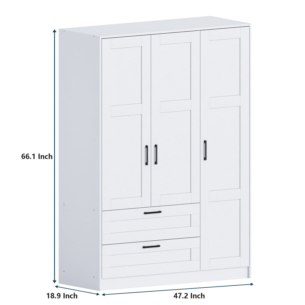 3 Doors Wooden Wardrobe Closet Armoire, White Storage Cabinet for Hanging Clothes, Bedroom Large Capacity Freestanding Armoire,Wood Wardrobe Combination with Shelves