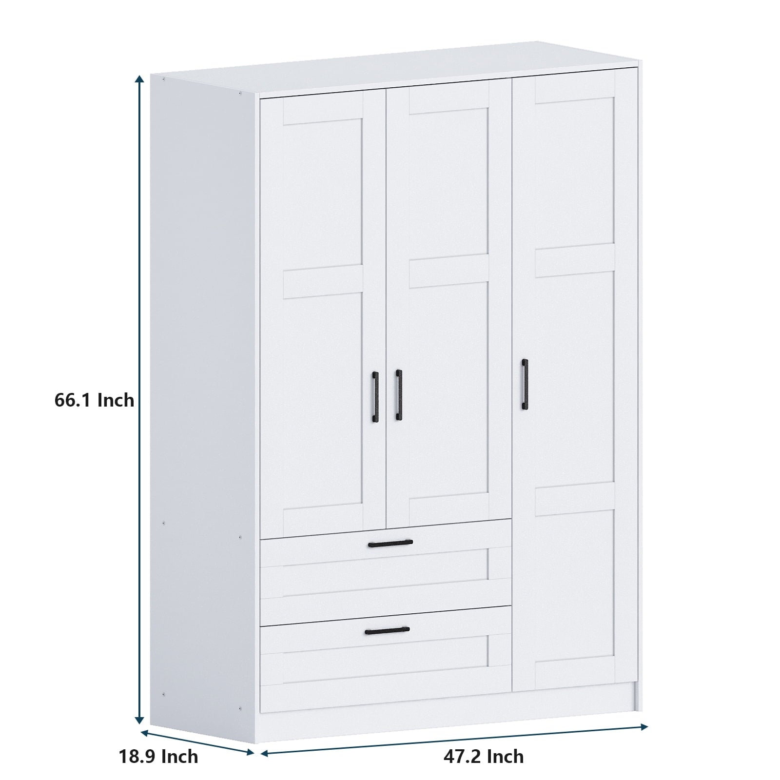 3 Doors Wooden Wardrobe Closet Armoire, White Storage Cabinet for Hanging Clothes, Bedroom Large Capacity Freestanding Armoire,Wood Wardrobe Combination with Shelves