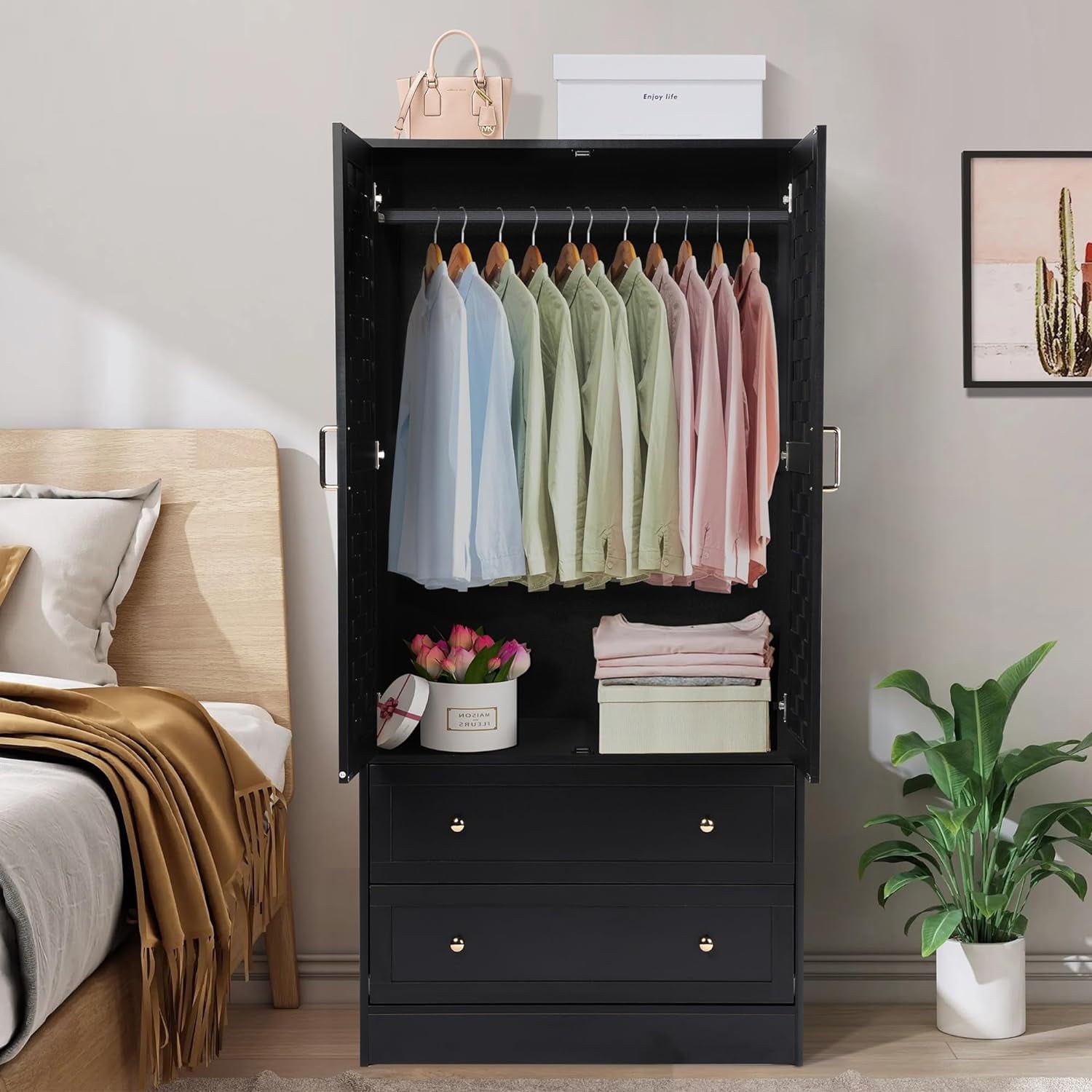 Wirrytor Freestanding Wooden Armoire Wardrobe with 2 Woven Doors and Storage Drawers, Space-Saving Closet Cabinet for Bedroom, Sturdy Mdf Board Closet with Hanging Rail
