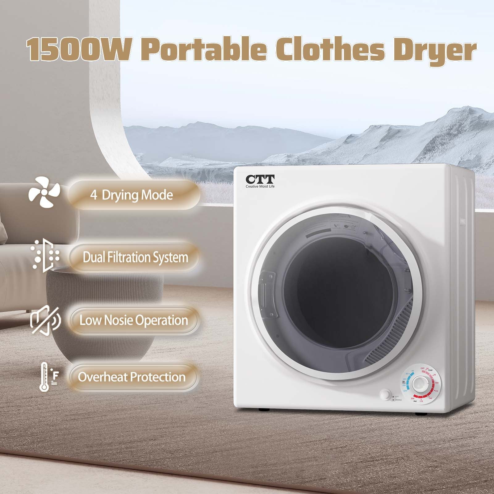 CTT 3.5 Portable Clothes Dryer, 1500W Compact Dryer with 4 Drying Mode, Laundry, Apartments, RVs, Dorms