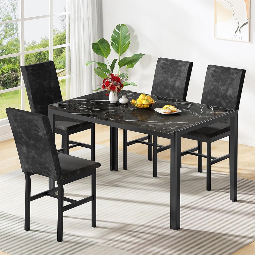 LinkRomat 5-Piece Faux Marble Dining Table Set for 4, Modern Kitchen Table with Chairs, Dinette Dining Room Furniture Set for Compact Space Saving