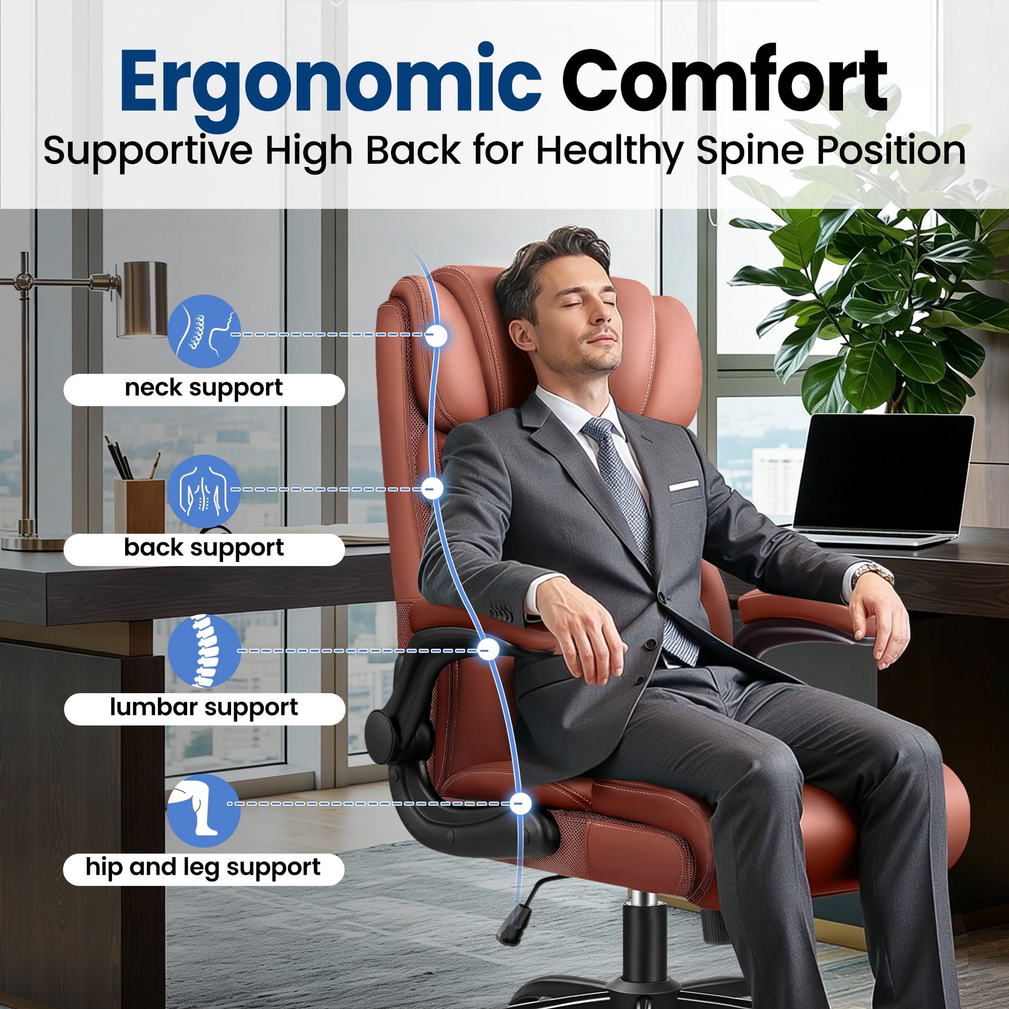 STACOO High Back Executive Office Chair 400lbs, Big and Tall Ergonomic Desk Chair with Lumbar Support & Flip-up Armrests, PU Leather Swivel Chair with Adjustable Height – Brown