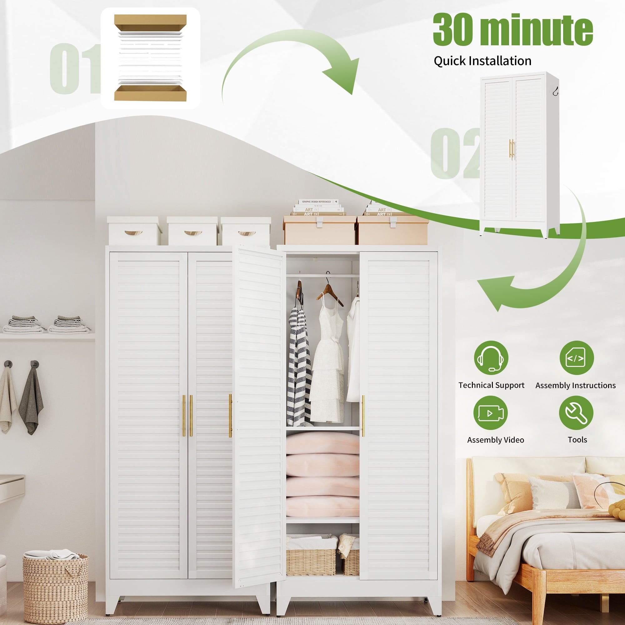 AISWORD 60 Tall Metal Wardrobe Cabinet with 1 Drawer and Hanging Rod, 2 Doors Closet with Adjustable Shelf, White