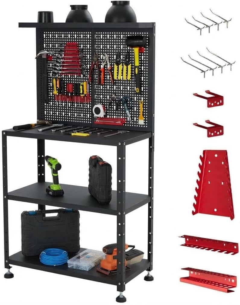 32x60 In Heavy Duty Steel Workbench 430 lb Capacity Garage Workbench with Pegboard Adjustable Shelves and Leveling Feet
