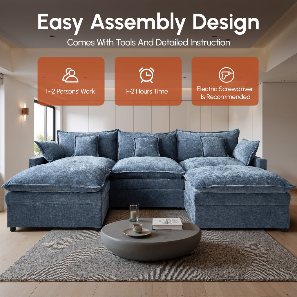 Ovios 108 Modular Sectional Sofa U-Shaped Cloud Couch with 2 Ottomans, Comfy Living Room Furniture, Chenille, Dark Blue