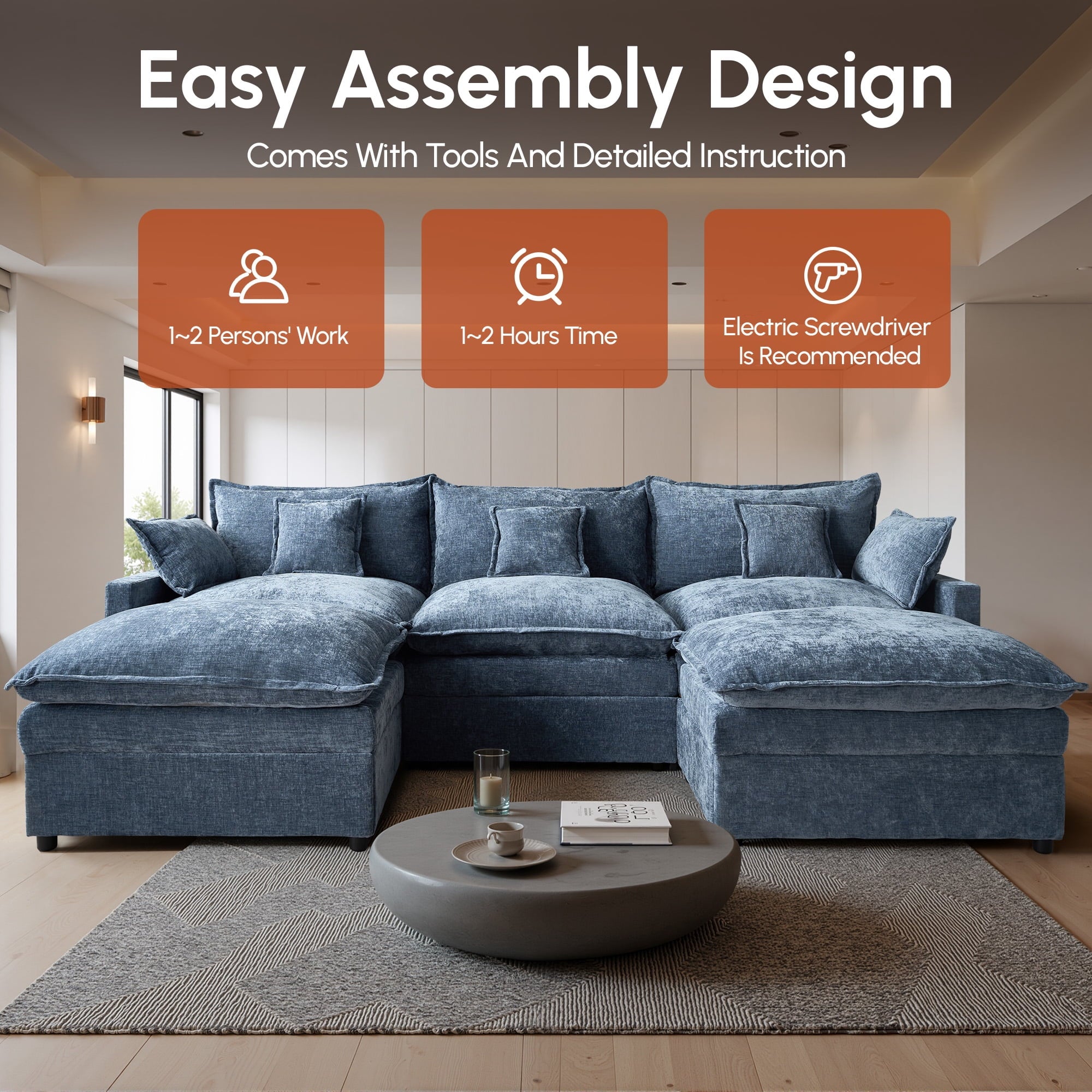 Ovios 108 Modular Sectional Sofa U-Shaped Cloud Couch with 2 Ottomans, Comfy Living Room Furniture, Chenille, Dark Blue