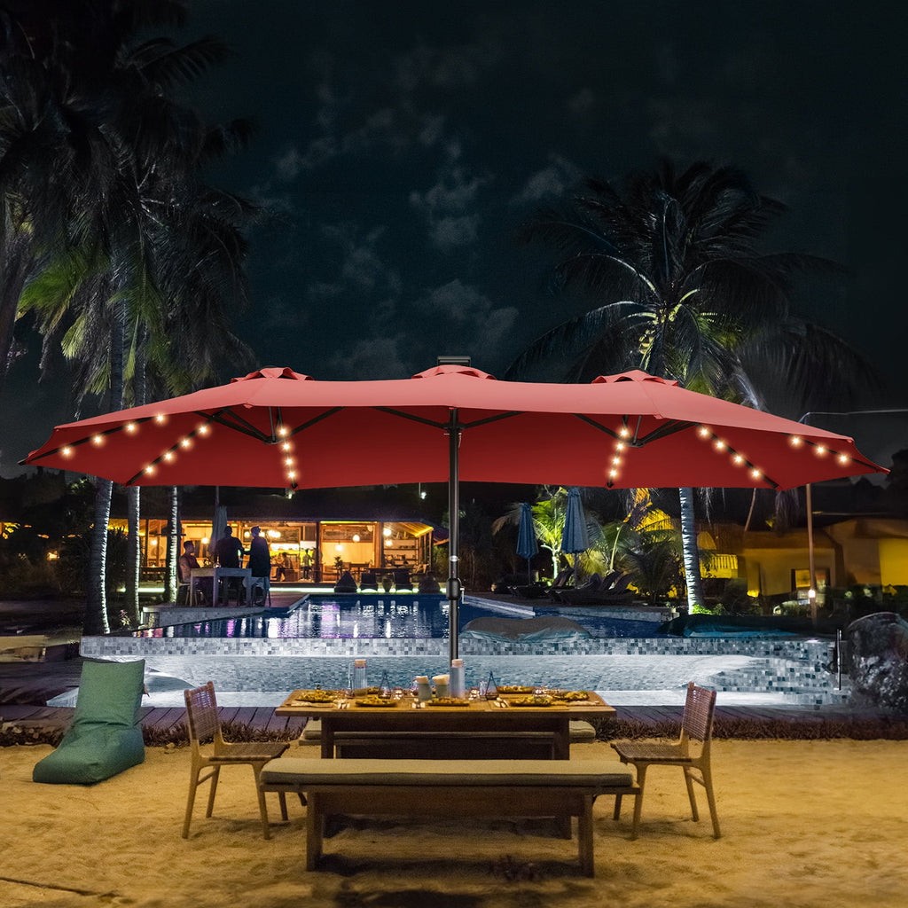 Patbrela 15ft Patio Umbrella with Light and Base, Double Sided  Large Rectangular Outdoor Umbrella with Crank Handle, for Garden, Yard, Poolside and Outdoor Activities, Gray