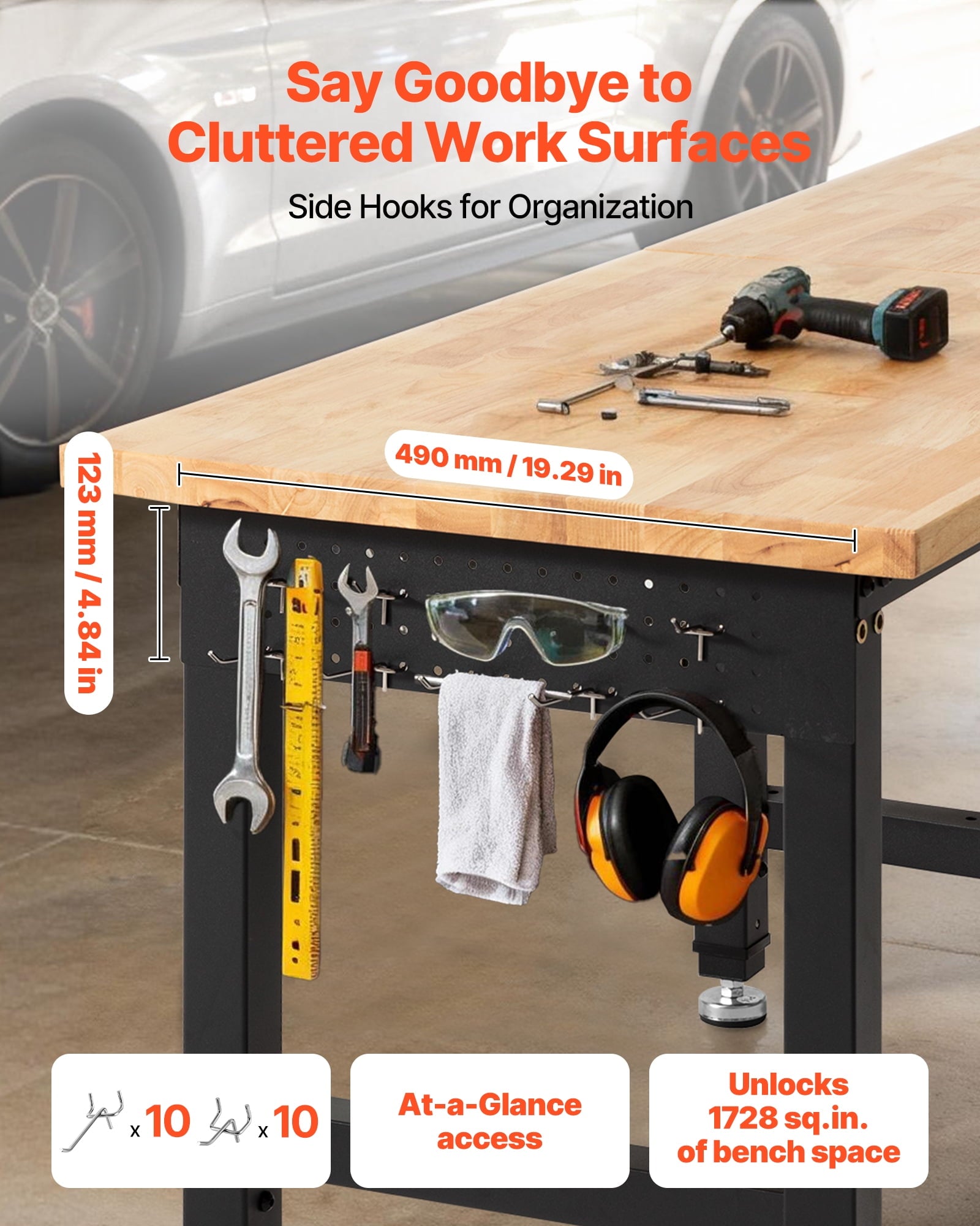 VEVOR Adjustable Workbench, 5000 lbs Capacity, 72 x 24 Inch Oak Wood Top Workstation with 4 AC Outlets & 2 USB Ports, Heavy-Duty Hardwood Worktable for Garage, Workshop, Home, Office, Commercial