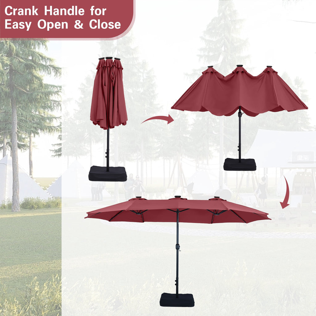 Alpha Joy 15ft Extra Large Outdoor Patio Double-Sided Umbrella with LED Solar Lights & Umbrella Base, Beige