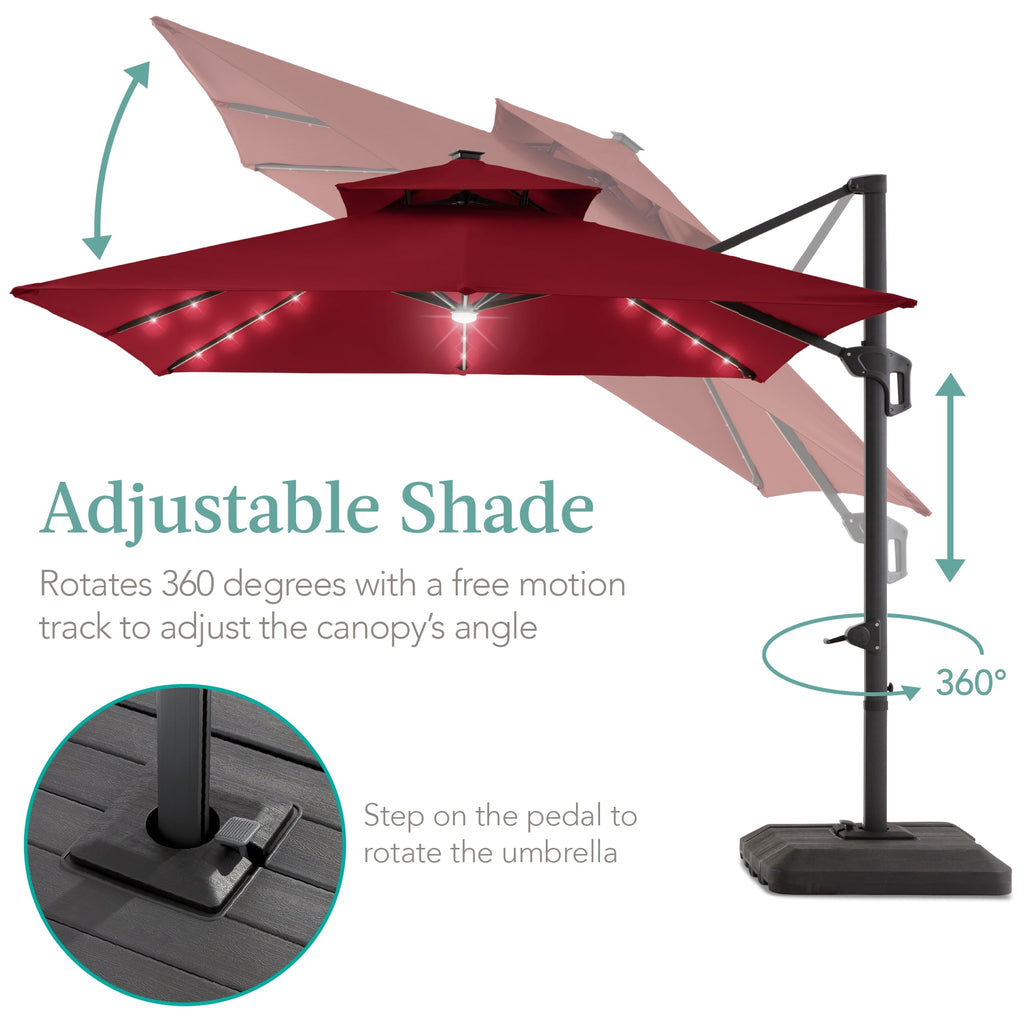 Best Choice Products 10x10ft 2-Tier Square Outdoor Solar LED Cantilever Patio Umbrella w/ Base Included - Tan