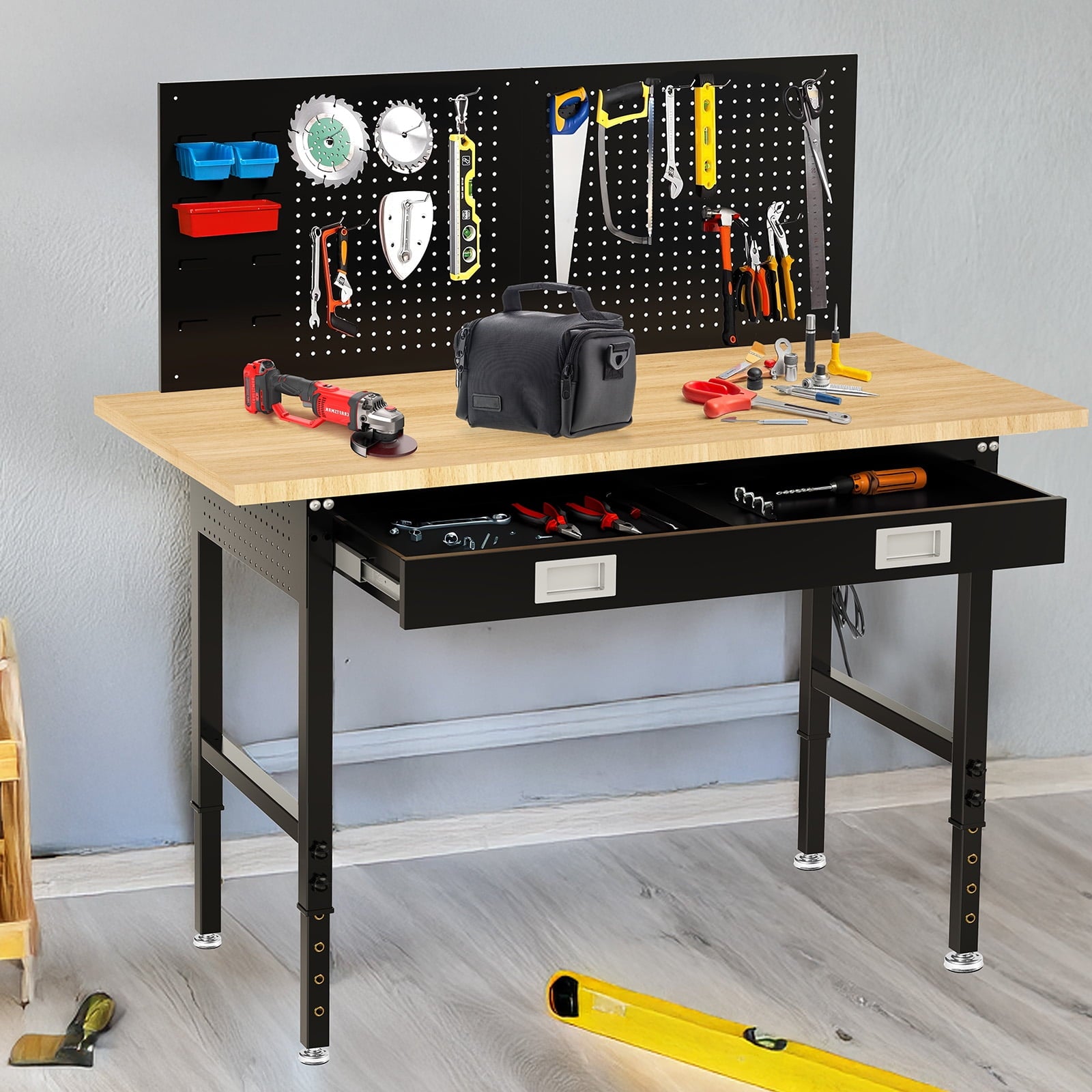 60 inch Workbench for Garage, Heavy-Duty 2 Tier Wood Work Bench with Storage Pegboards, Hooks, Power Outlets, Rubber Wood Tabletop 2000 LBS Load Bearing Workstation Garage Desk Work Table