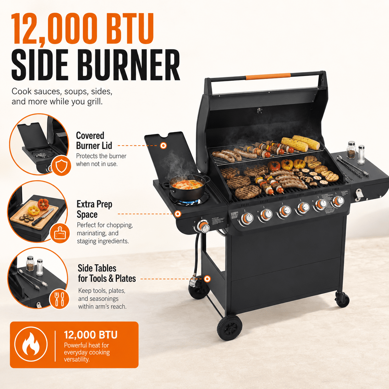 72,000 BTU Gas Grills Clearance, 6-Burner Propane BBQ Grill with Side Burner, 650 Sq.In Cooking Area, Cast Iron Grates, Warming Rack, Thermometer, Outdoor Grill for Patio Backyard