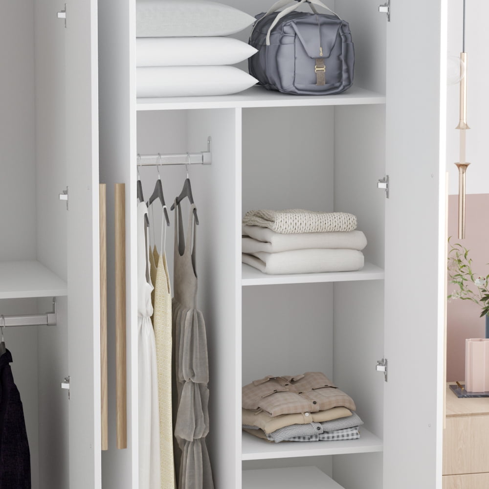 Wiawg 2 Door Wardrobe Armoire,Mirrored Closet Storage with Drawers and Shelves,White