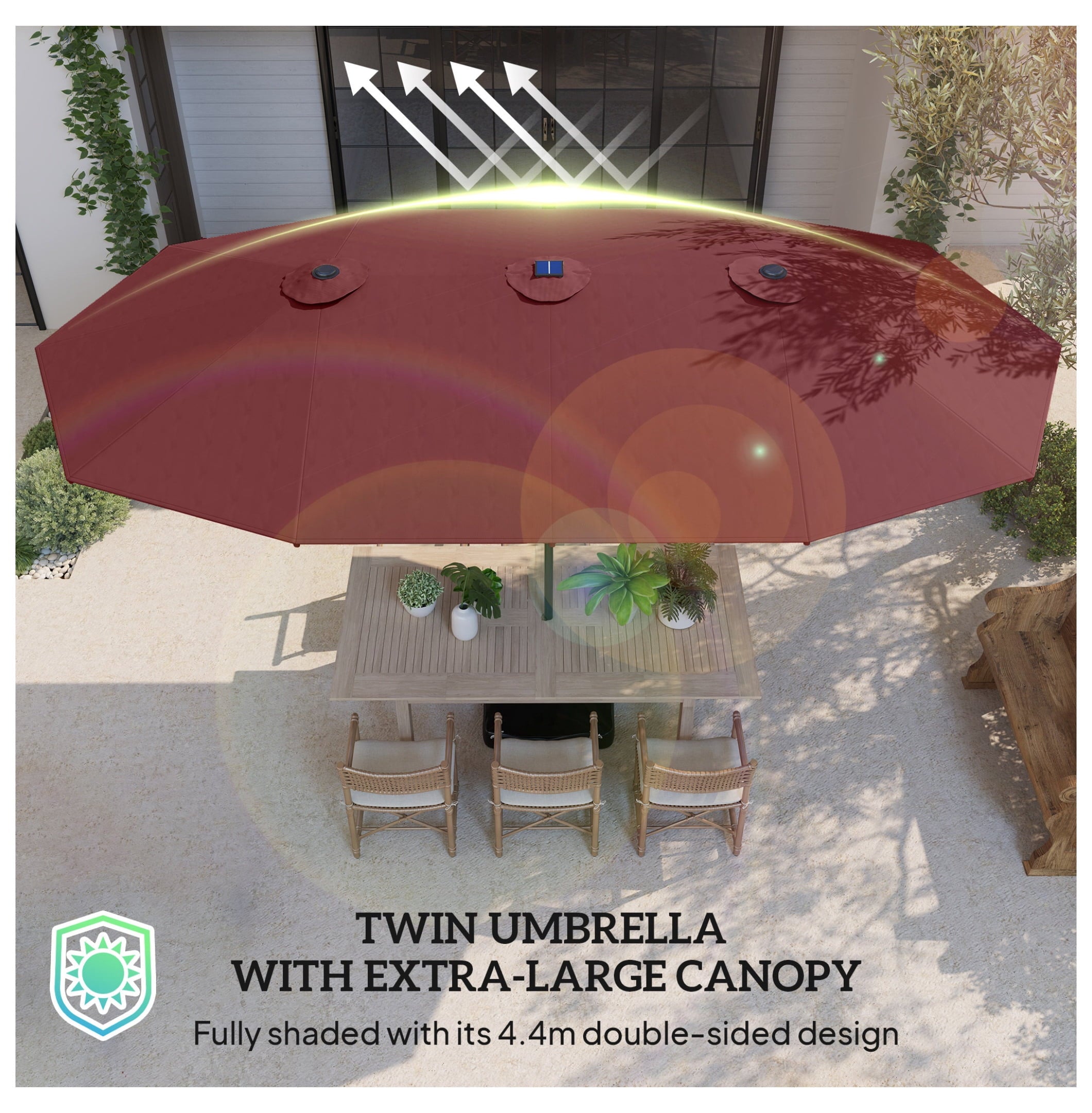 Garden Parasol 14.4ft Double Canopy, Solar LED Patio Umbrella with Base, Wine Red, Outdoor Sun Shade with Crank, Large Steel Frame for Garden, Deck, Backyard