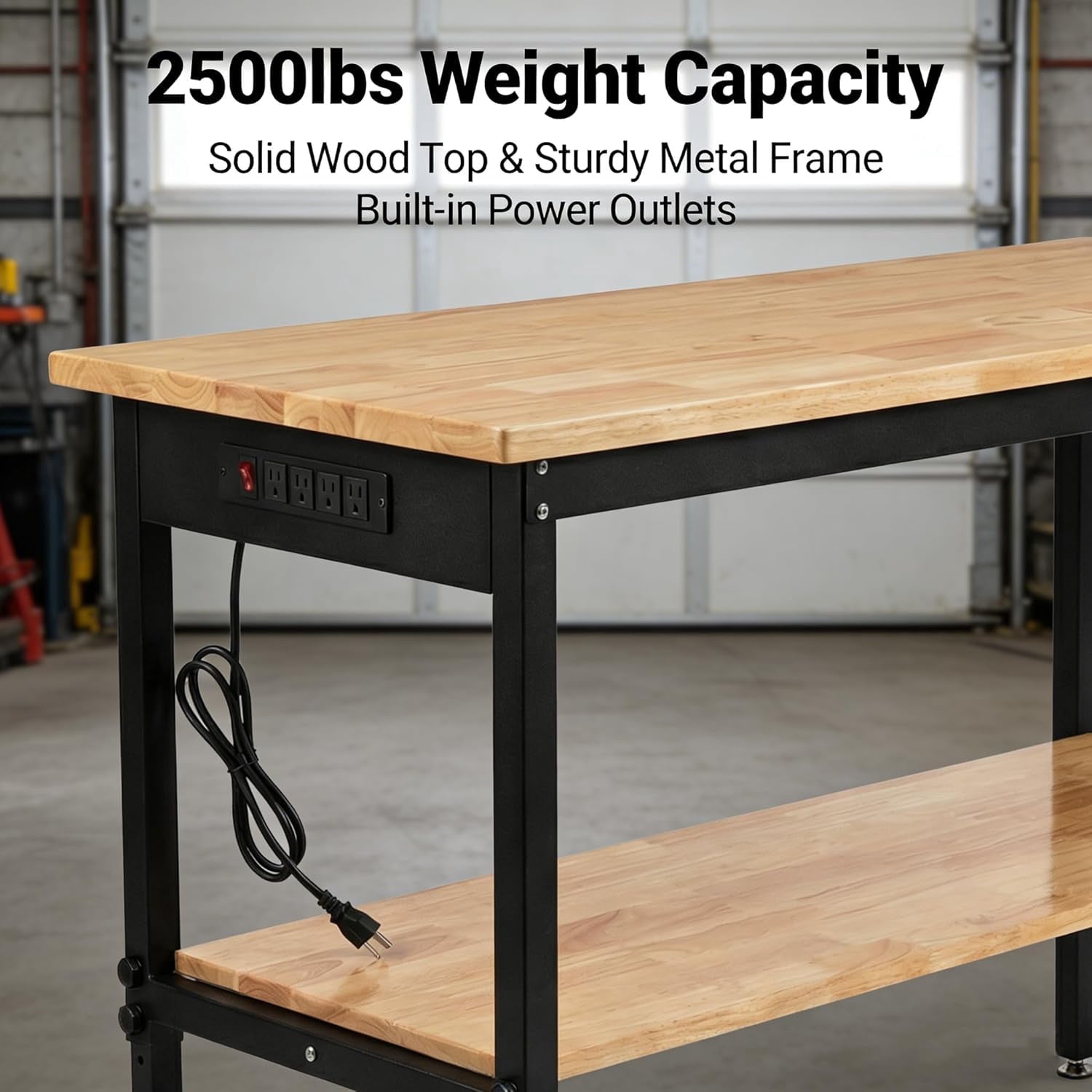 70 Inch Adjustable Workbench with Power Outlet Heavy Duty 2500 LBS Load Capacity Hardwood Work Table for Garage 6 Level Height Adjustable Workshop Bench with Wheels (70x22)