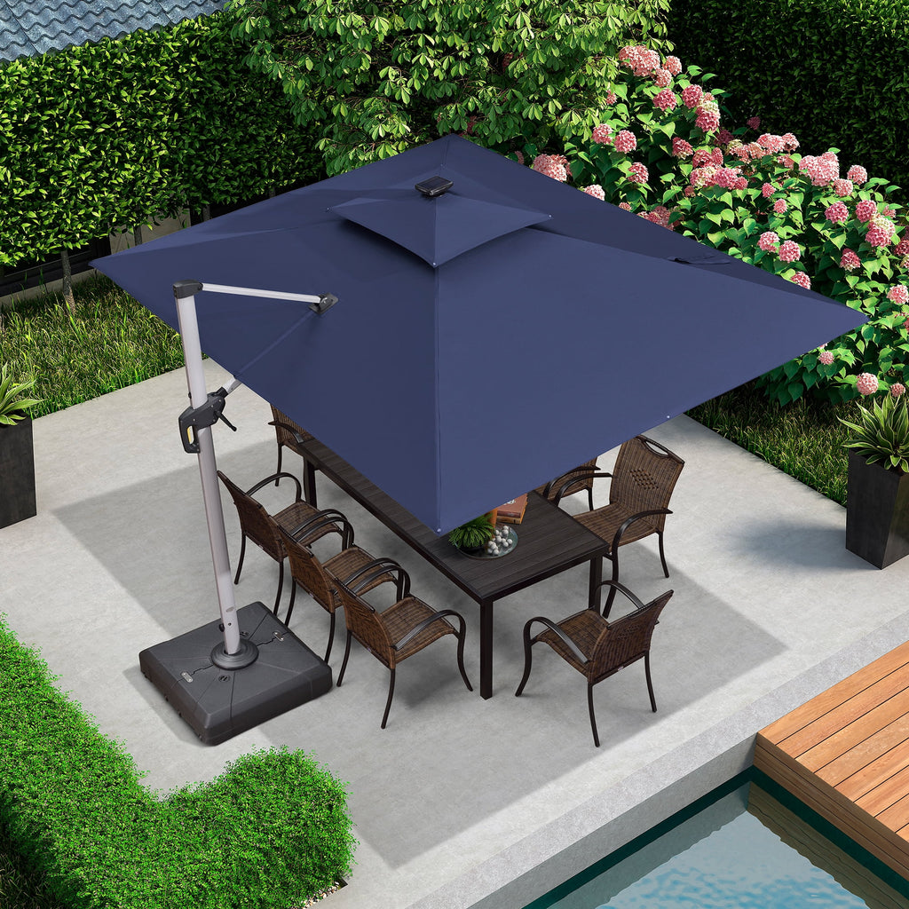 PURPLE LEAF 9 x 12FT Deluxe Rectangle Solar Powered LED Patio Umbrella with Base, Large Offset Cantilever Umbrella with 360° Rotation, Navy Blue