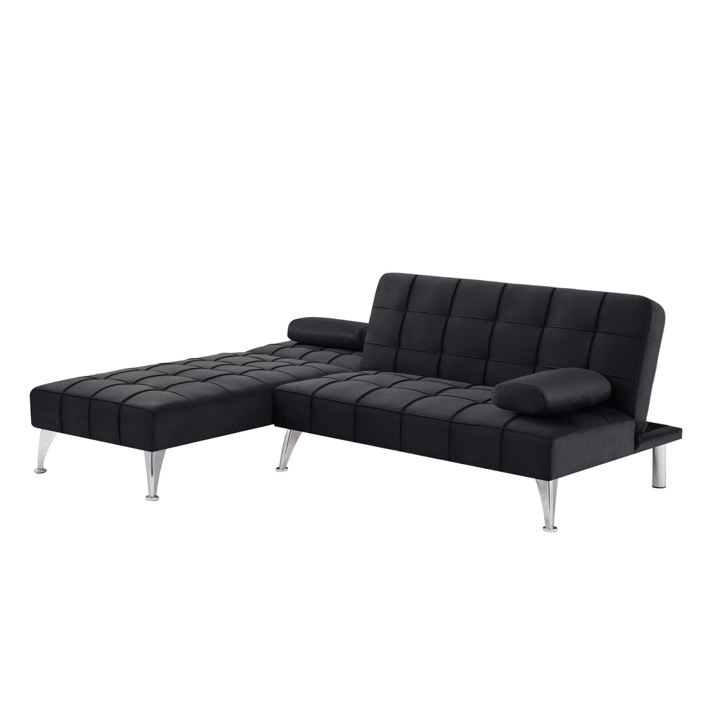 Gewnee 78.35”L-Shaped Velvet Reversible Sectional Sleeper Sofa,Futon Sofa with Adjustable Split Back & Chaise,Couch for Home,Office and Guest Room.Black