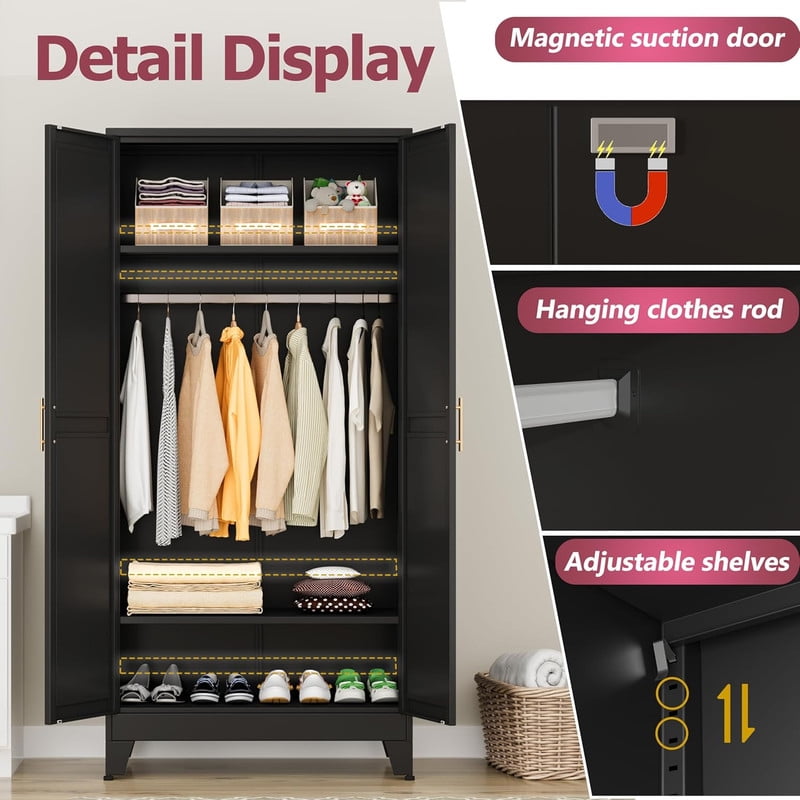 ERO 70.9H Steel Armoire and Wardrobe Storage Closet with Hanging Rod and Adjustable Shelves