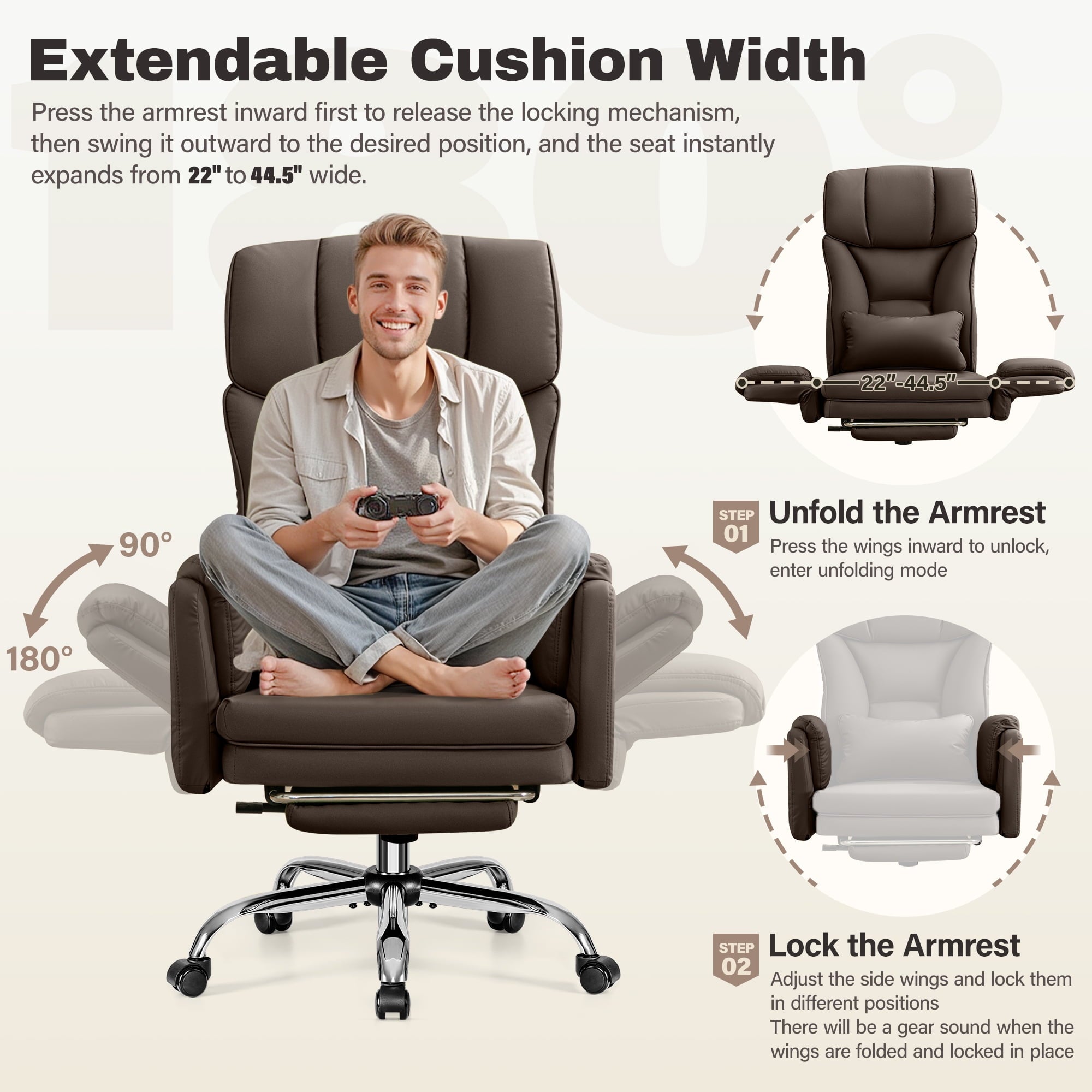 Primy Cross Legged Office Chair with Footrest & Convertible Armrests, 500LBS Capacity Home Desk Chair, Ergonomic Recliner with Lumbar Pillow, Criss Cross Design, Big and Tall Executive Chair