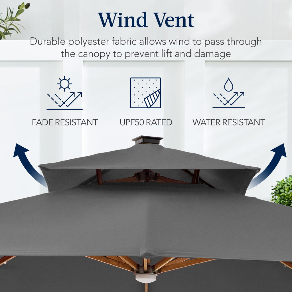 Best Choice Products 10ft Square Woodgrain Pattern 2-Tier Outdoor Solar LED Cantilever Umbrella w/ Base - Gray