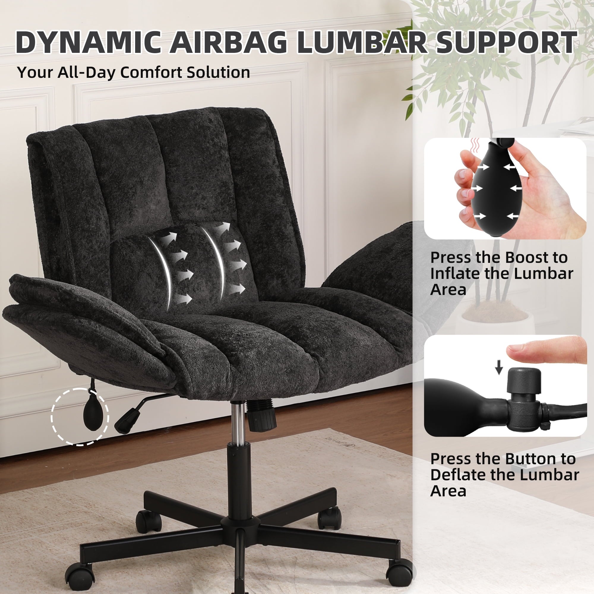 Cross Legged Office Chair with Wheels & Dynamic Airbag Lumbar Support, Criss Cross Wide Seat, 5-Position Fold-Down Armrests, Swivel Vanity Chair for Home Office, Dark Green